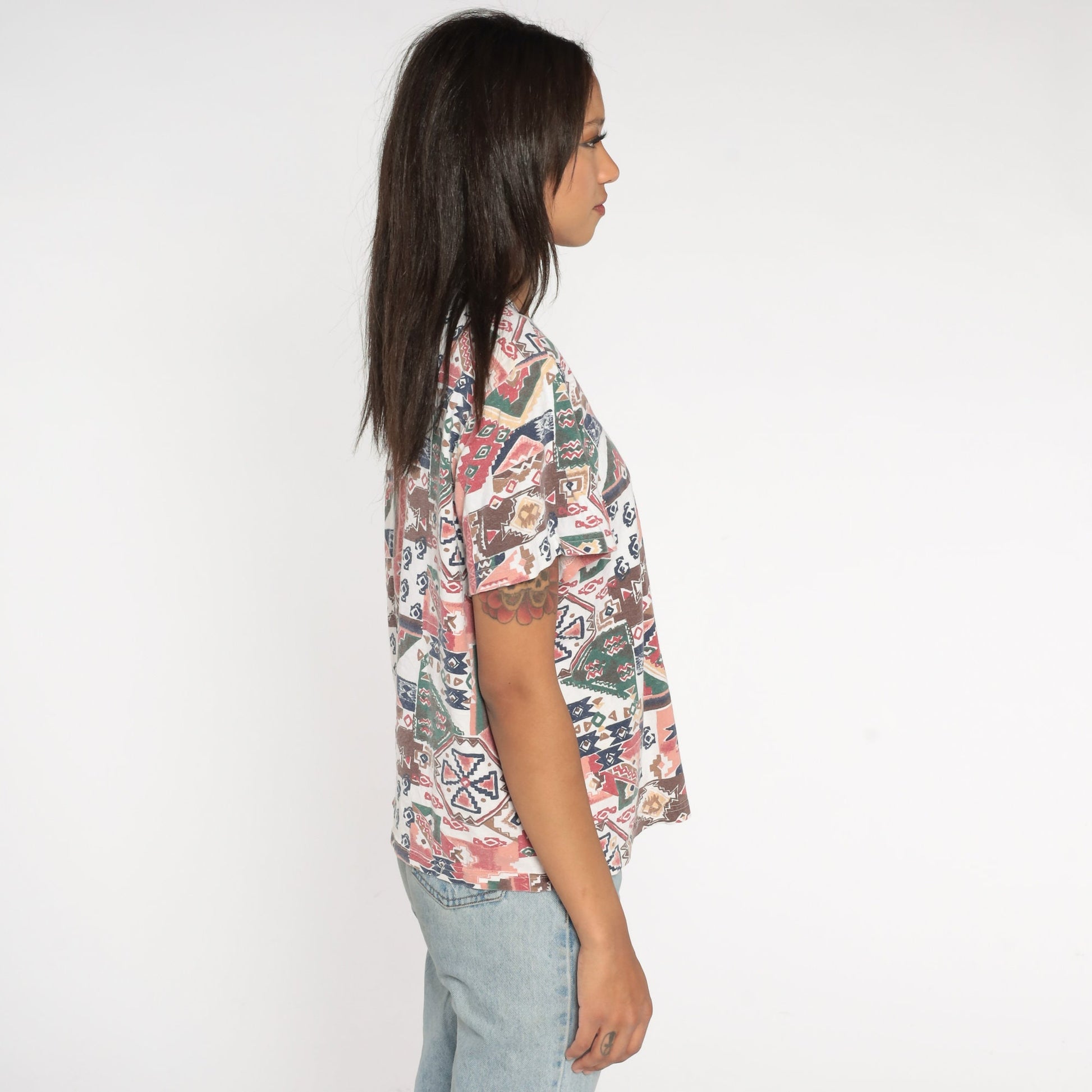 90s Southwestern Aztec Henley T-Shirt Geometric Print Pink Brown Red Large L