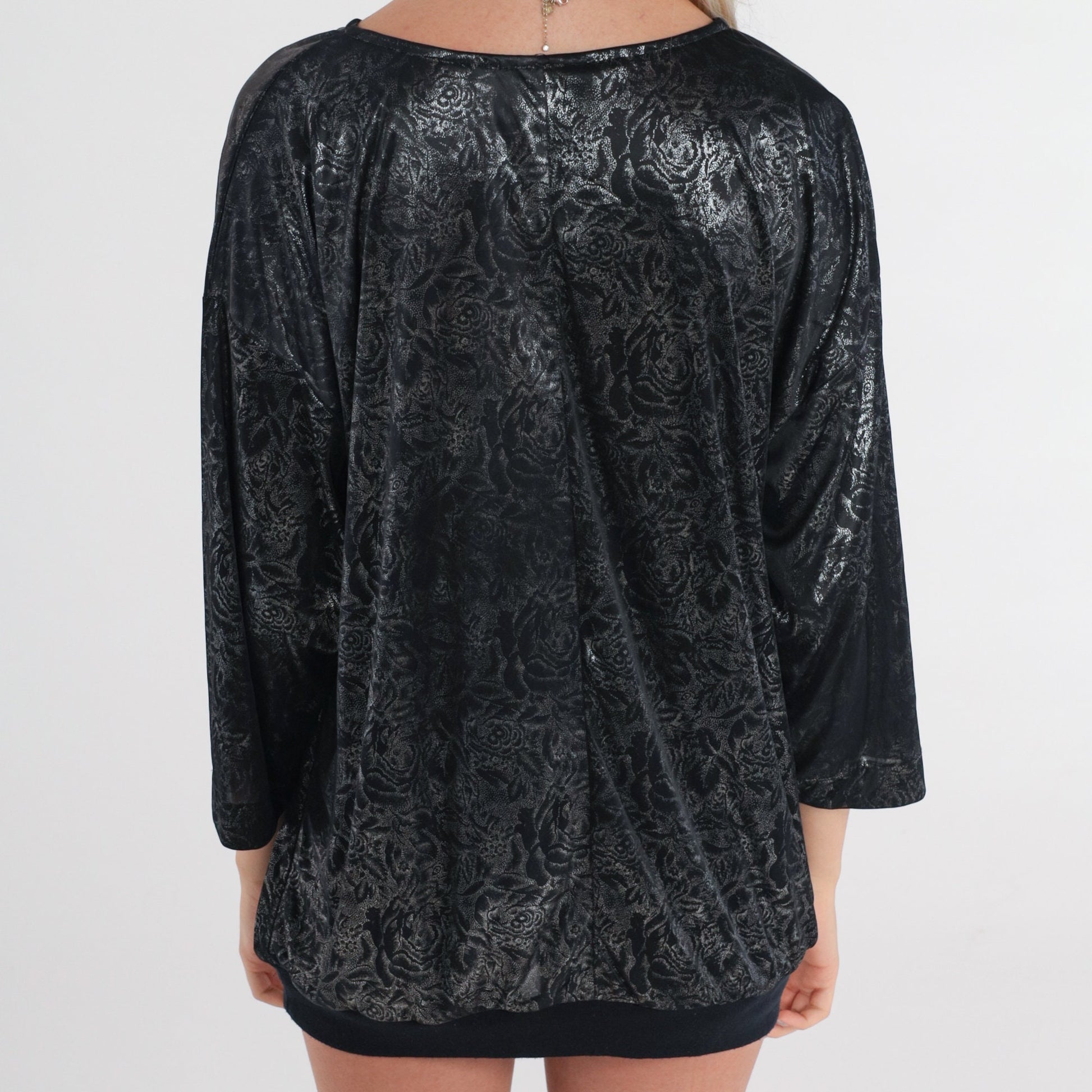 80s Black Velvet Floral Metallic Blouse Silver 3/4 Sleeve Large