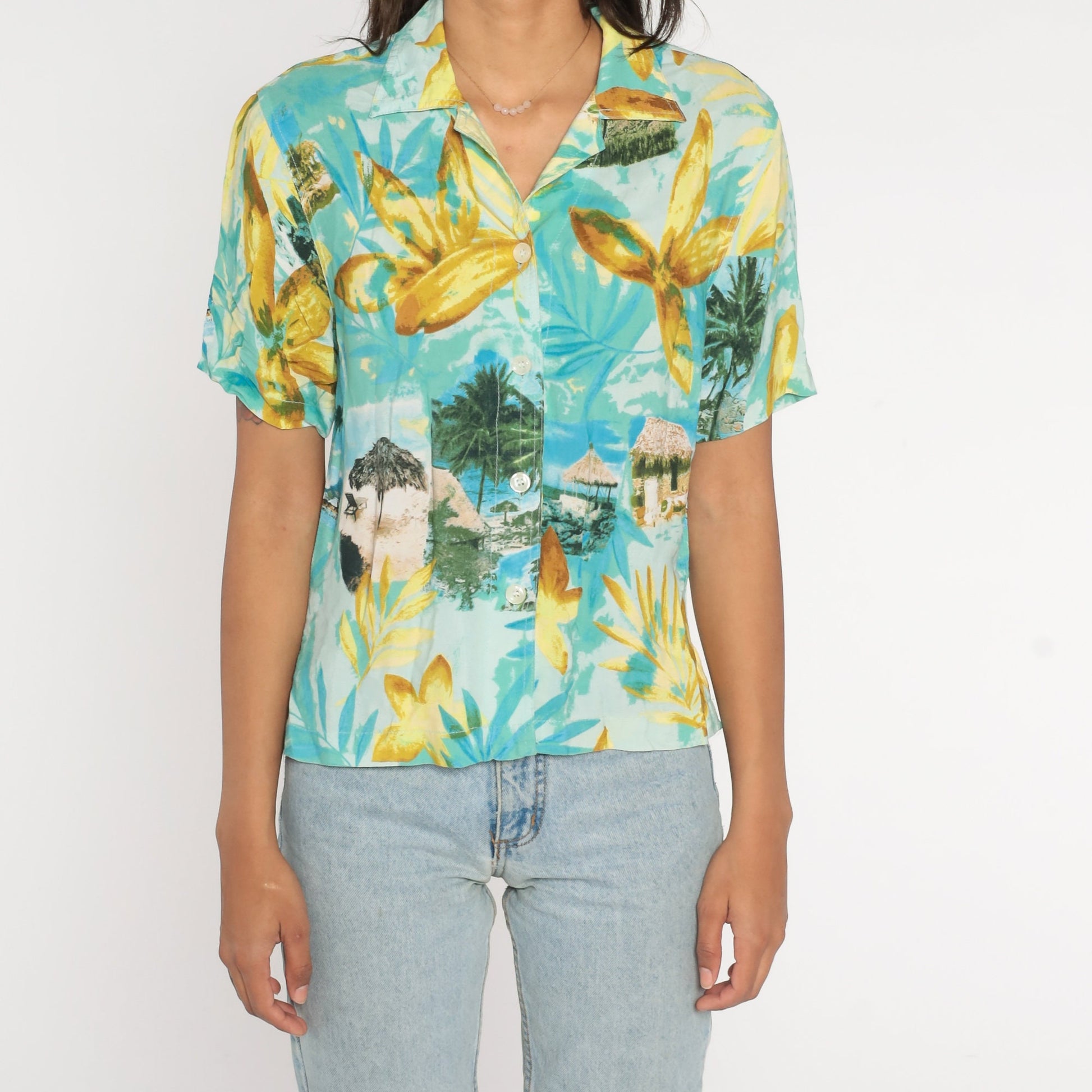 Y2K Hawaiian Floral Button-Up Shirt Blue Tropical Cabana Print Small