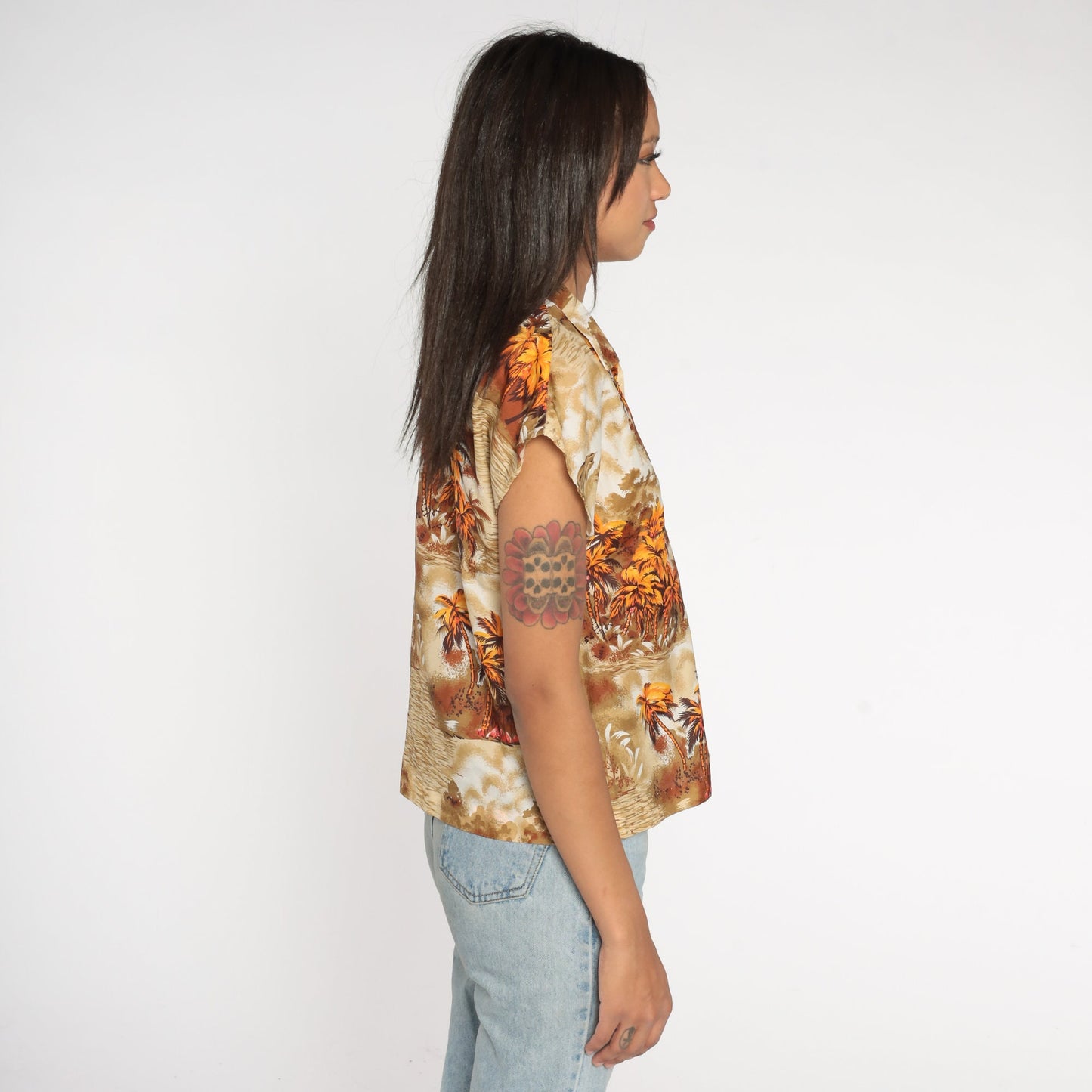 70s Hawaiian Shirt Palm Tree Mountain Print Brown Yellow Cap Sleeve Small