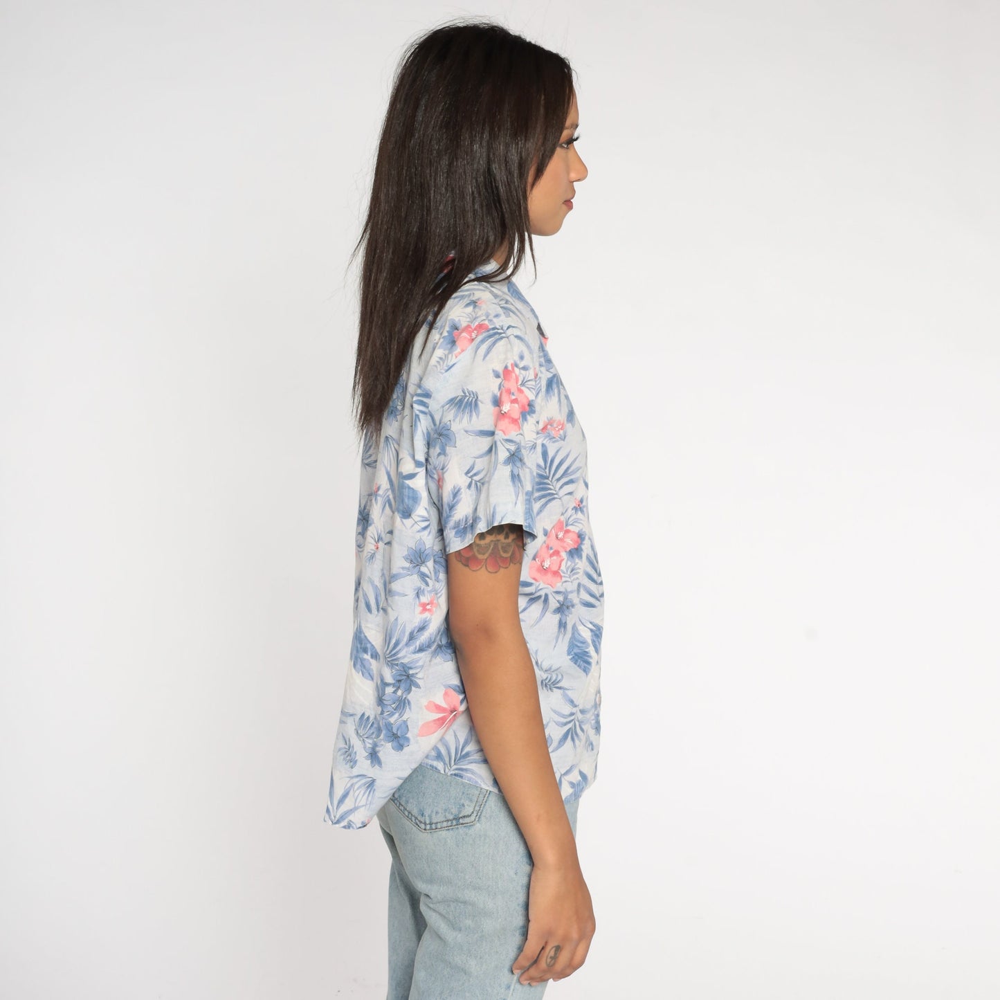 90s Floral Button Up Shirt Blue Pink Short Sleeve Blouse Large