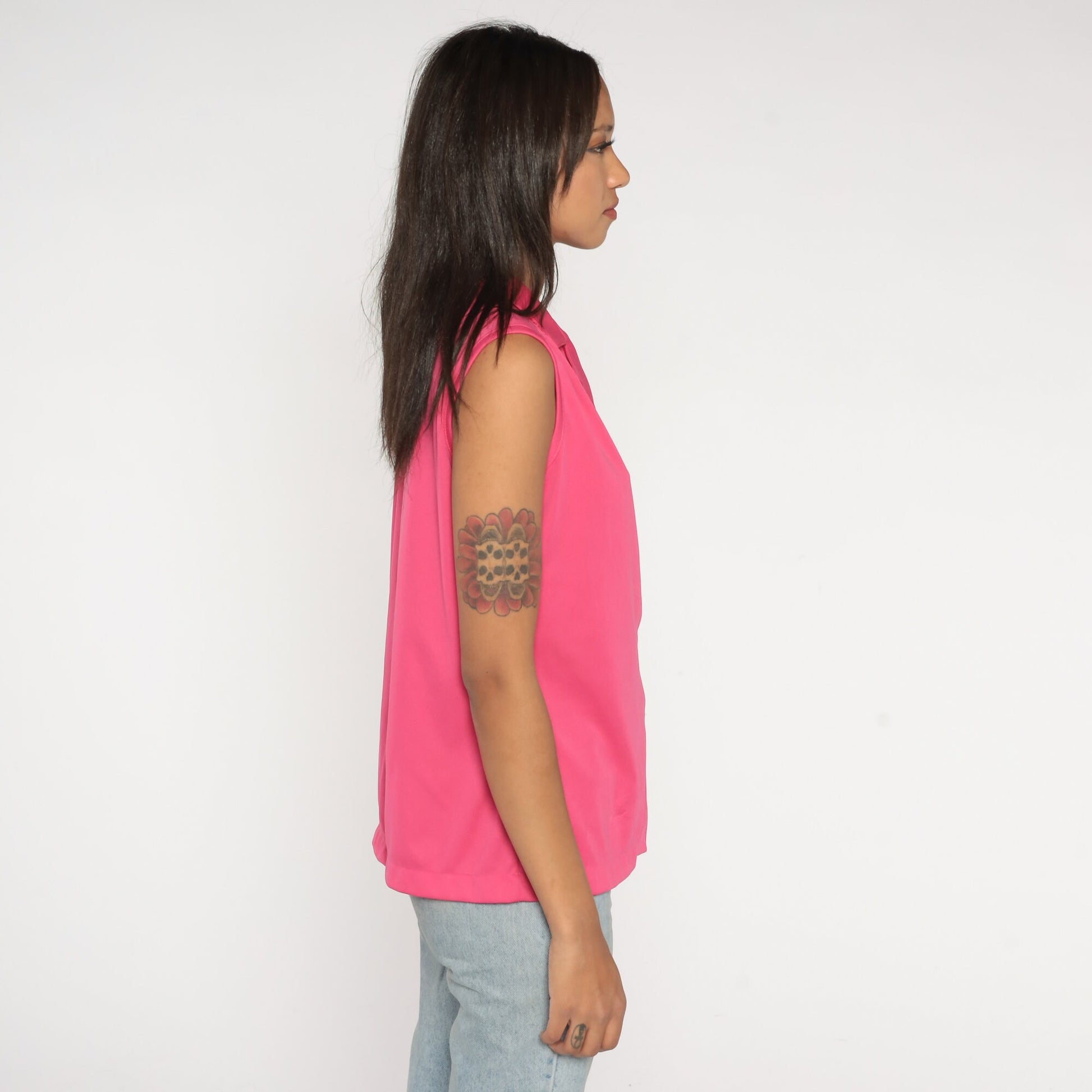 70s Bright Pink Collared Tank Top Button-Up Blouse Medium Large