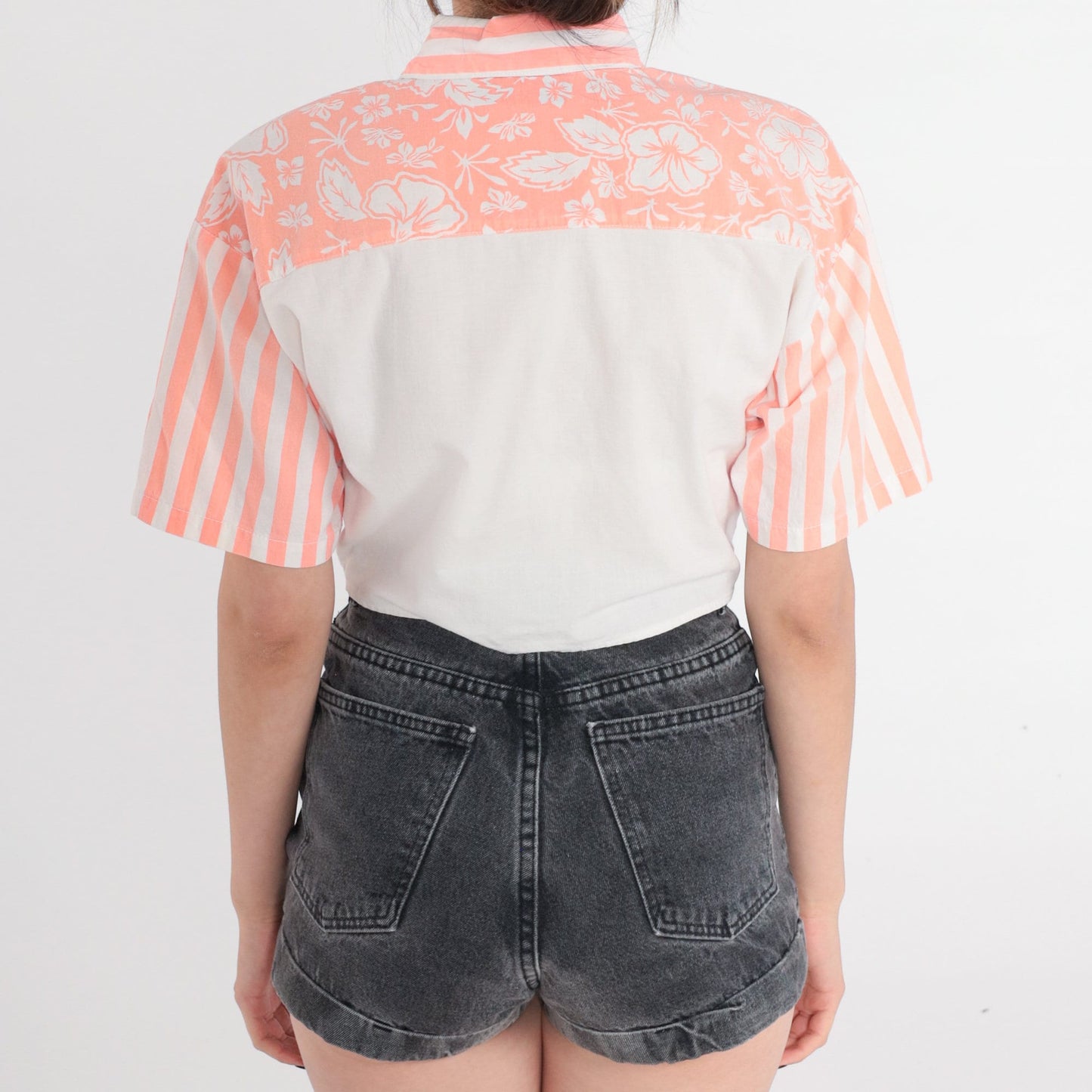90s Gitano Tropical Floral Crop Top White Peach Striped Button Up Small