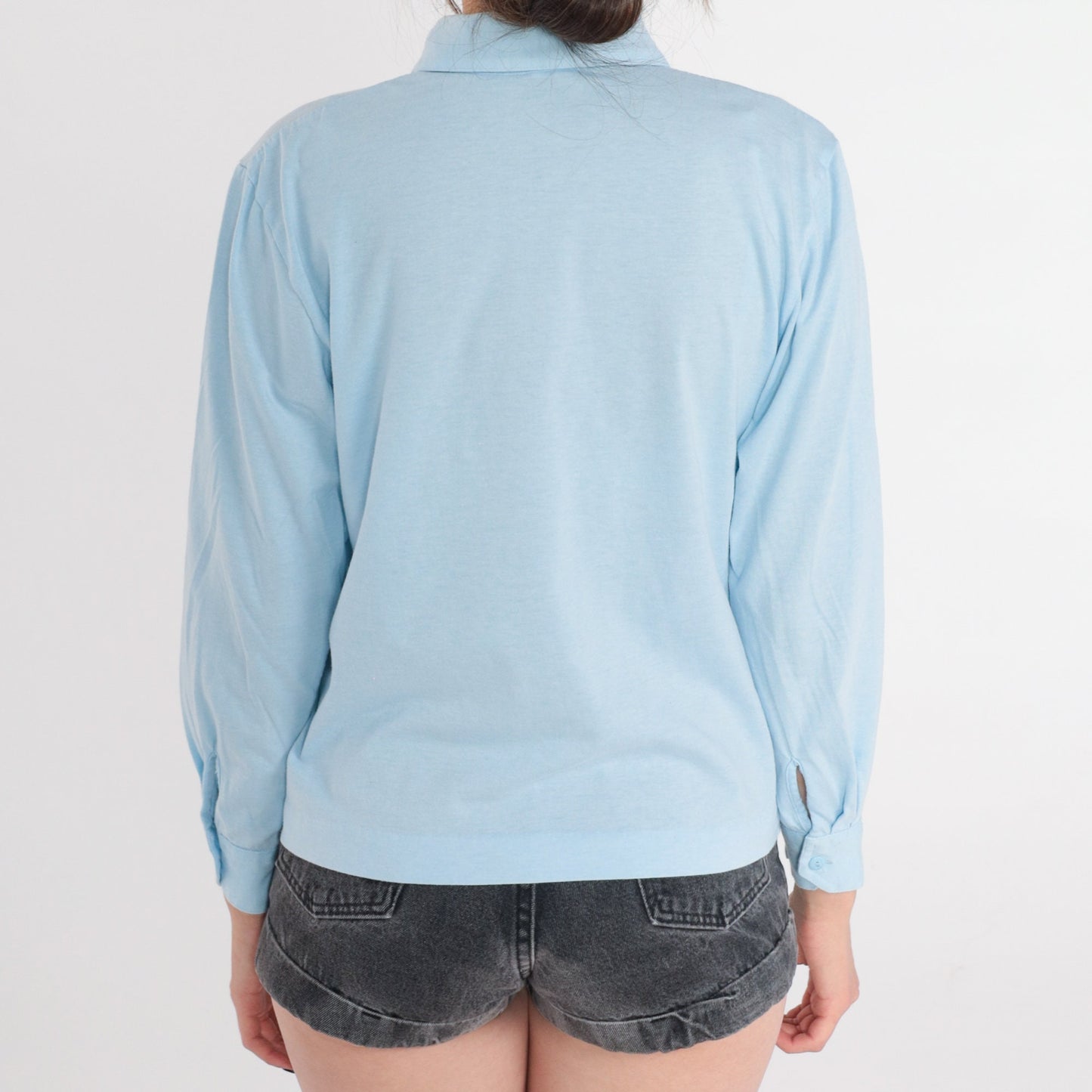 90s Baby Blue Long Sleeve Collared Shirt Cotton Blend Petite Medium