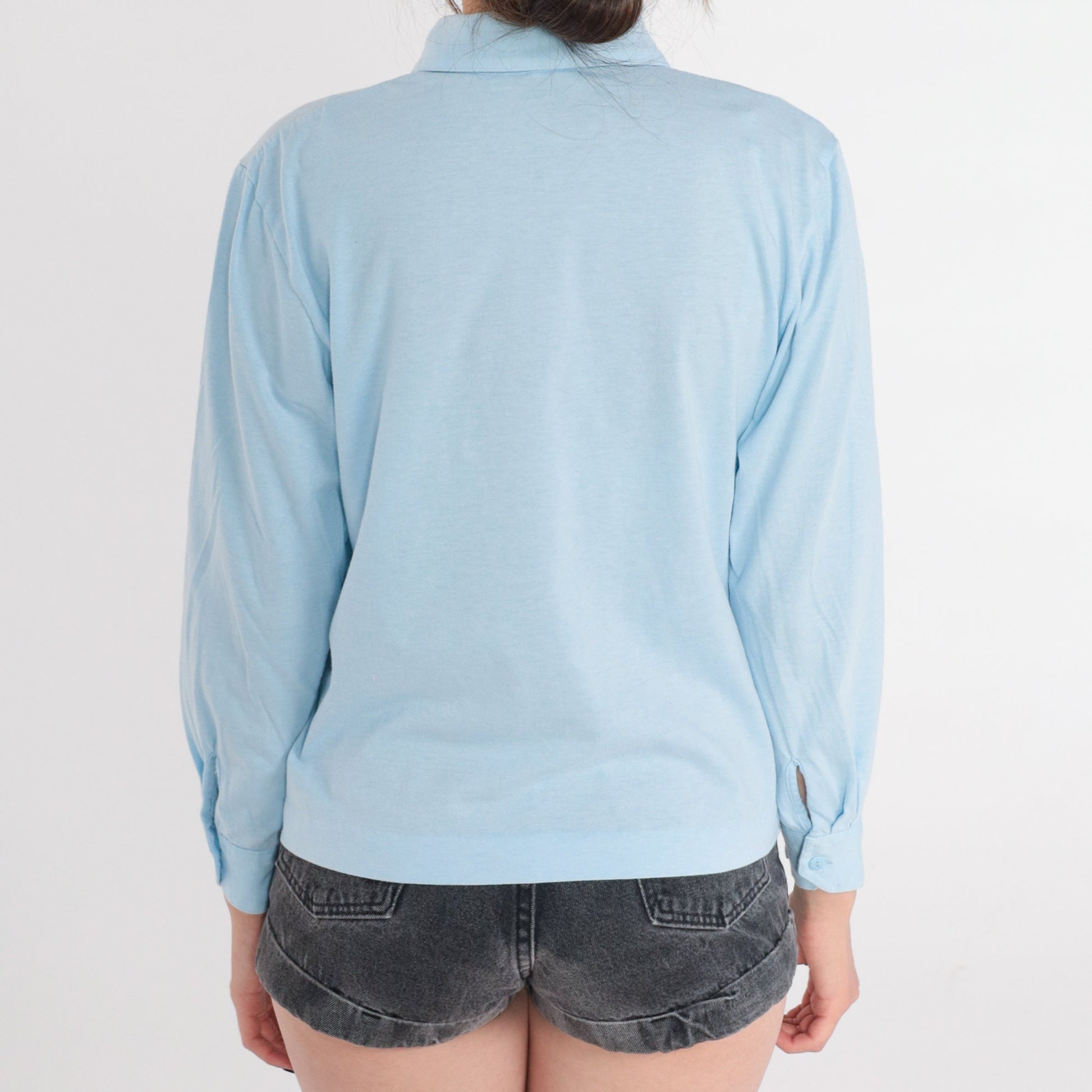 90s Baby Blue Long Sleeve Collared Shirt Cotton Blend Petite Medium