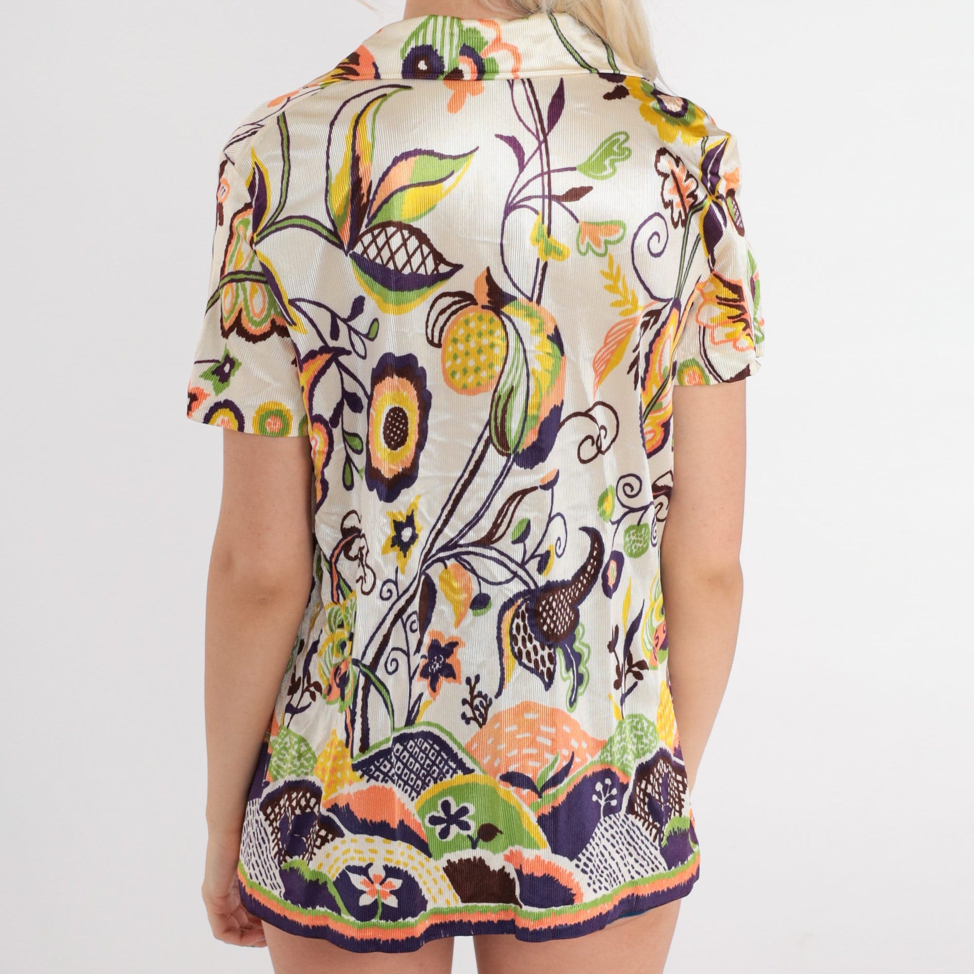 70s Psychedelic Floral Button-Up Blouse Short Sleeve White Purple Medium
