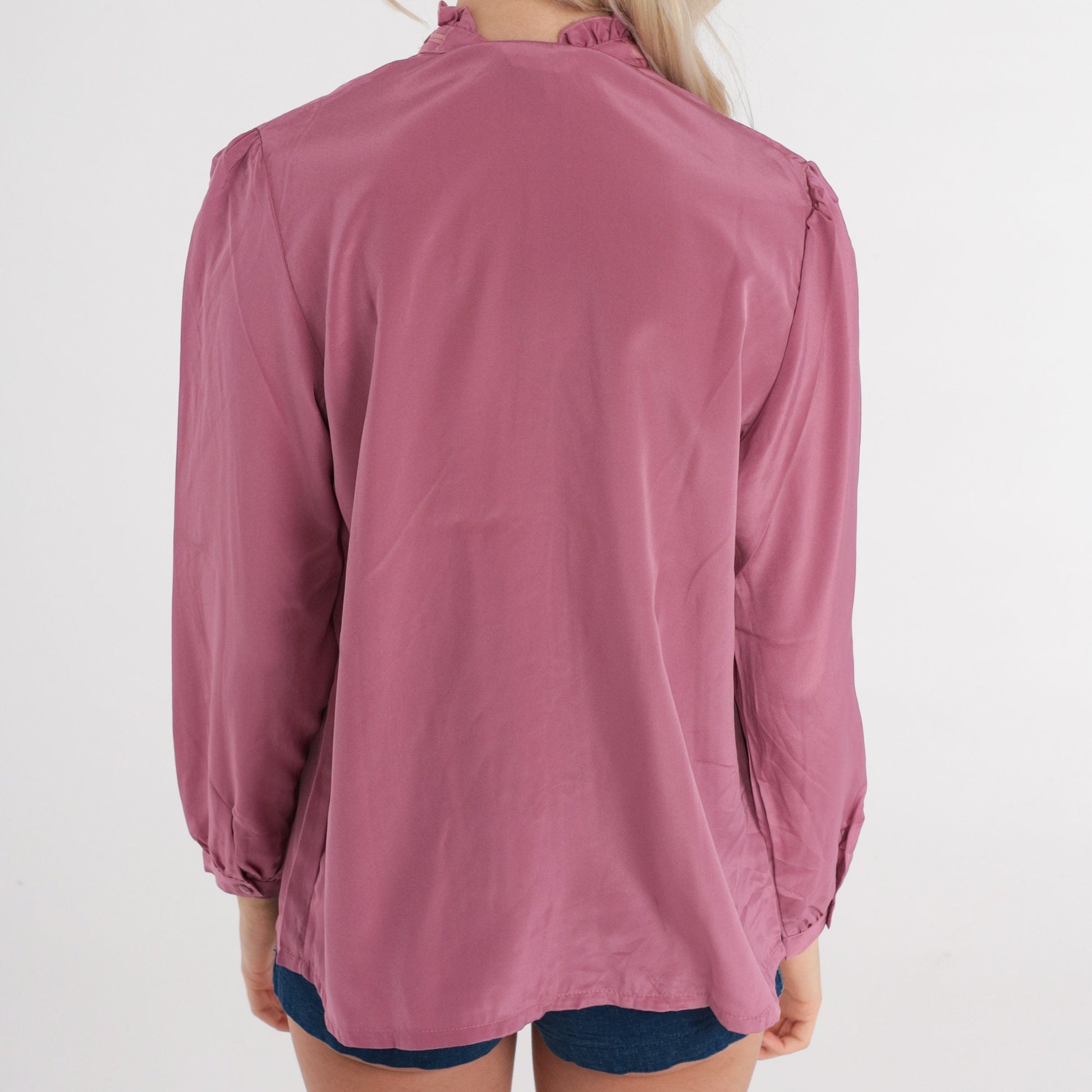 80s Dusty Rose Bow Neck Blouse Ruffled Long Sleeve Button Up Small