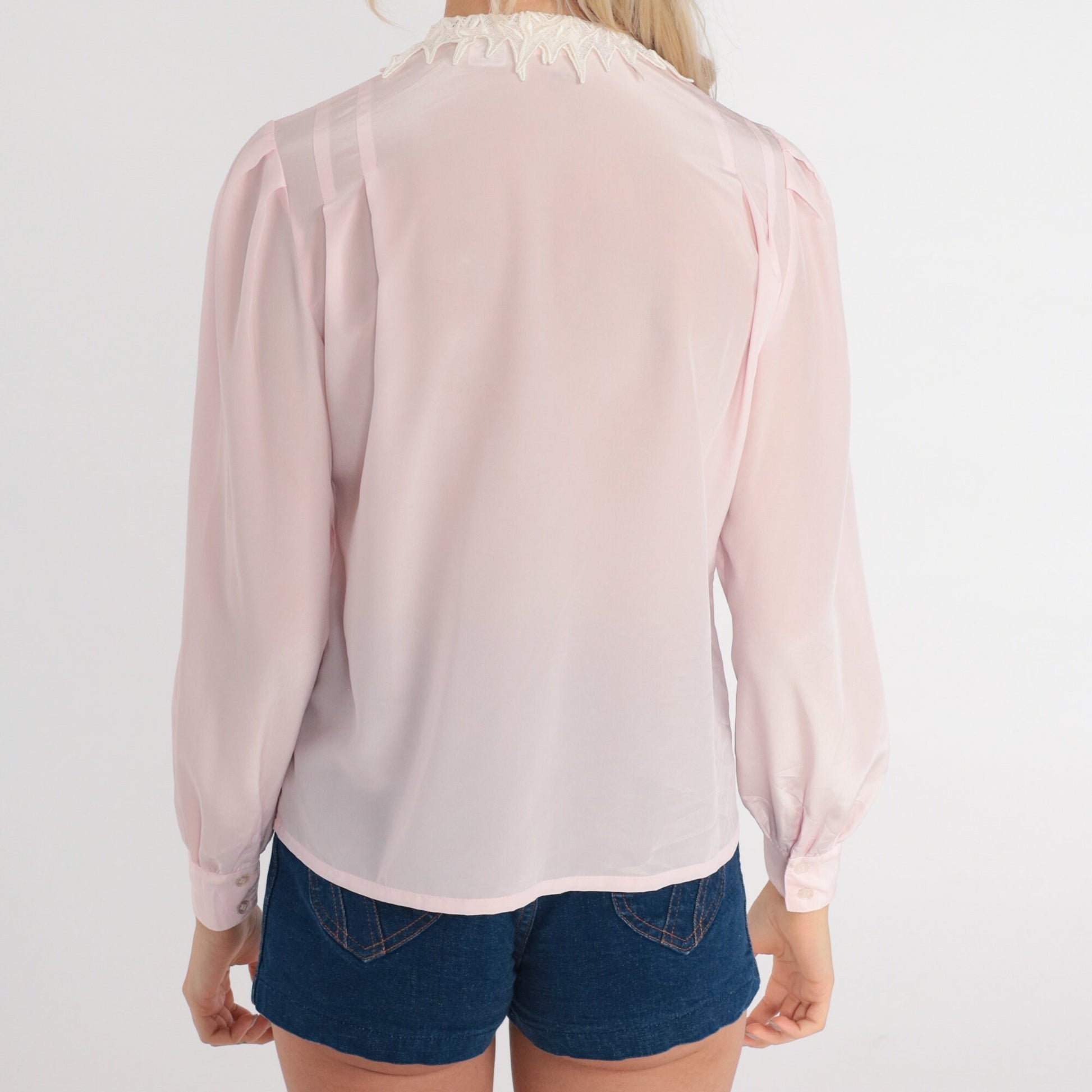 80s Pink Puff Sleeve Blouse Pleated Lace Collar Button-Up Small