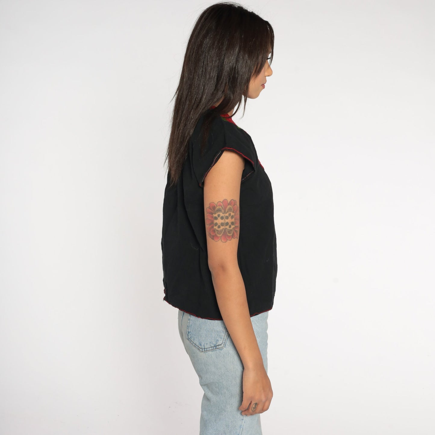 90s Mexican Embroidered Blouse Black Red Rose Tunic Cap Sleeve Medium