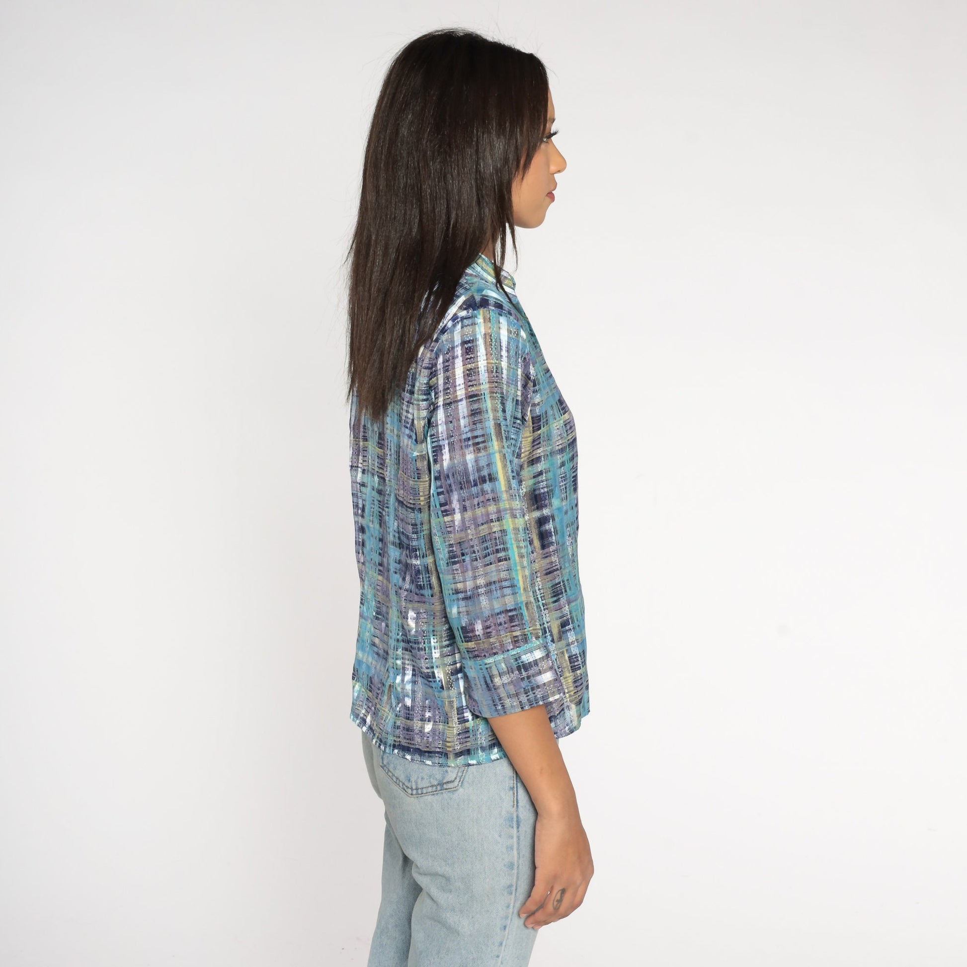 00s Metallic Striped Button-Up Blouse Purple Blue 3/4 Sleeve Medium