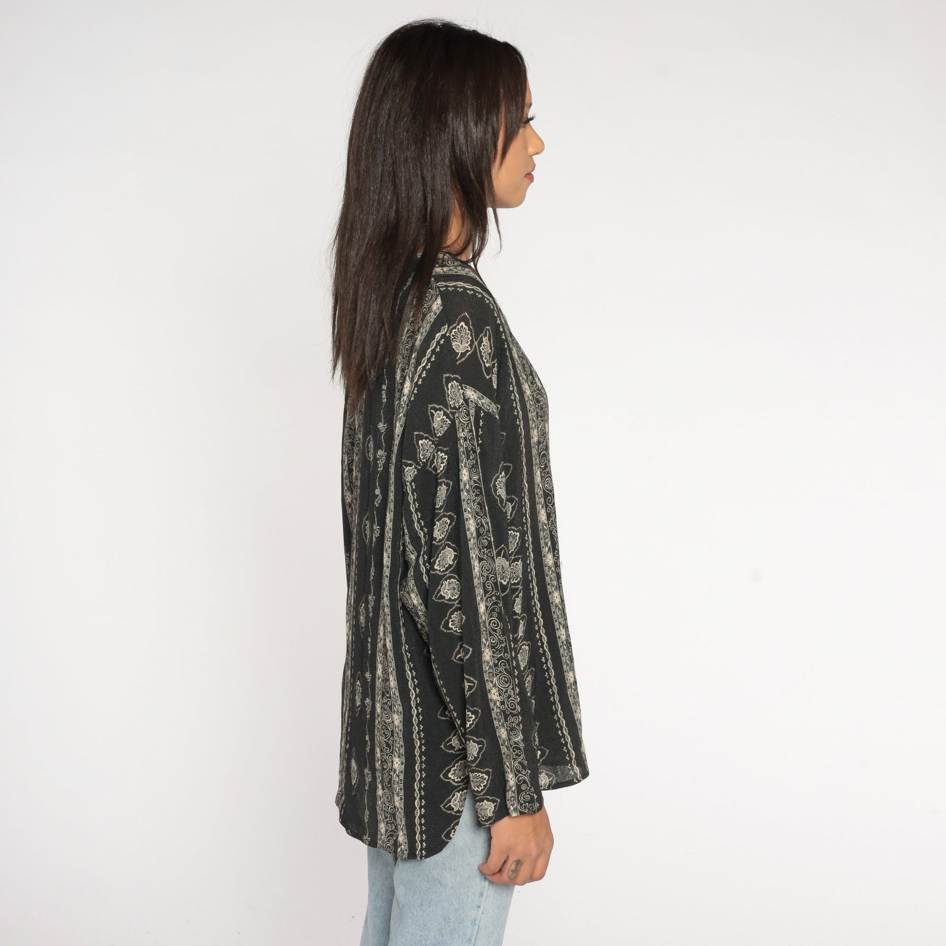 90s Black Striped Floral Rayon Button-Up Blouse Long Sleeve Small