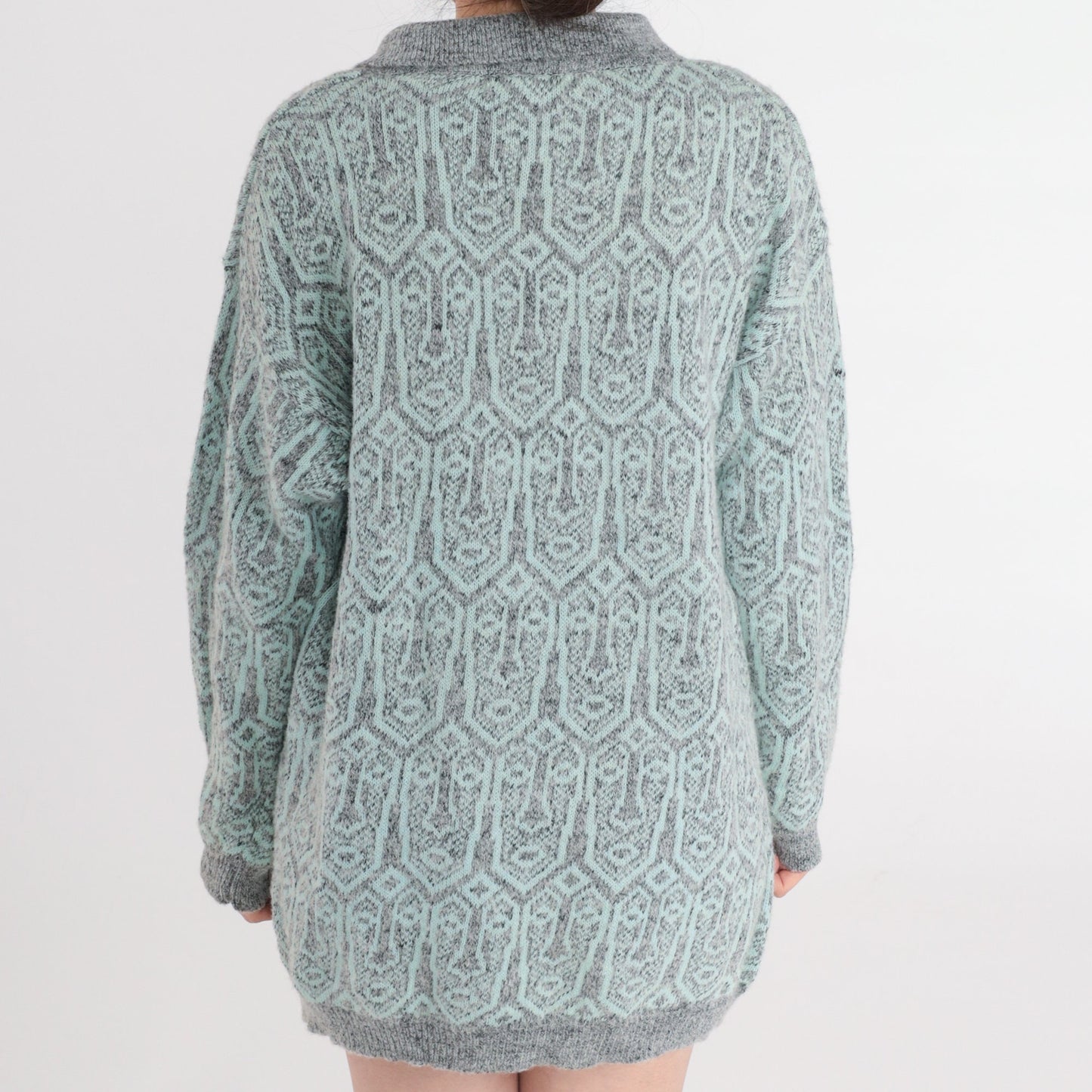 90s Face Print Collared Knit Sweater Grey Blue Pullover Medium M