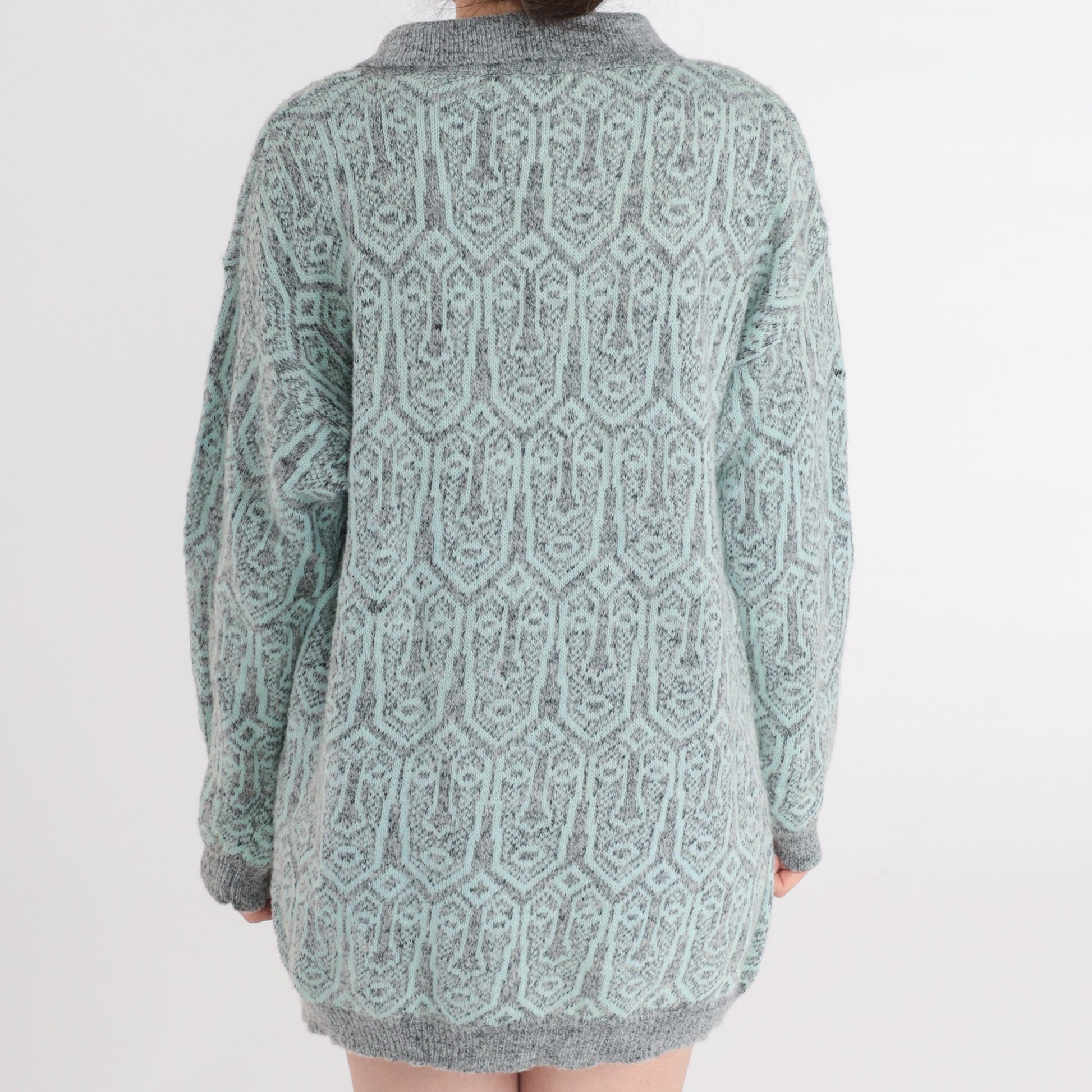 90s Face Print Collared Knit Sweater Grey Blue Pullover Medium M