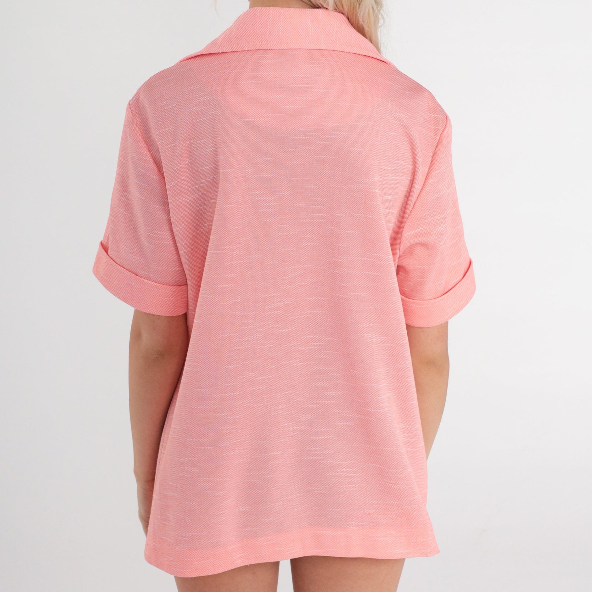 70s Pink Button-Up Shirt Dagger Collar Short Sleeve Large