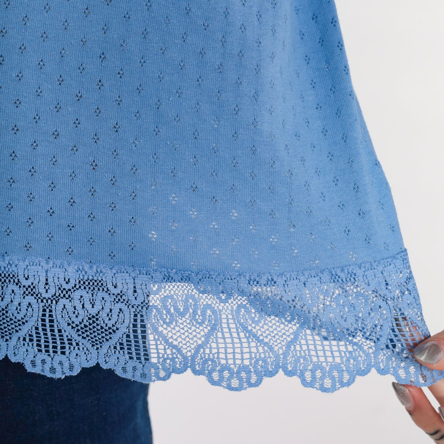 80s Blue Cutout Lace Trim T-Shirt Short Sleeve Cutwork Top Medium Large