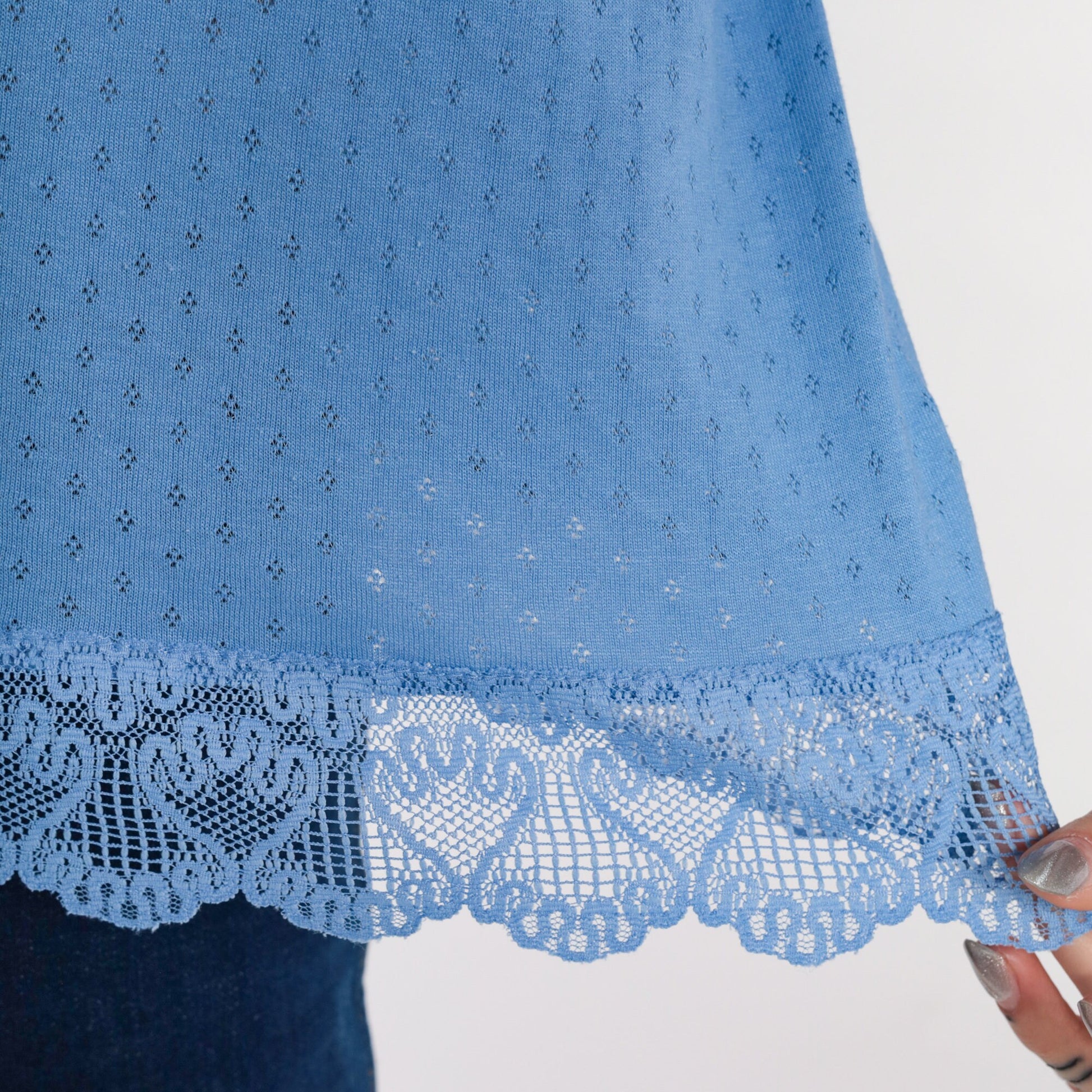 80s Blue Cutout Lace Trim T-Shirt Short Sleeve Cutwork Top Medium Large