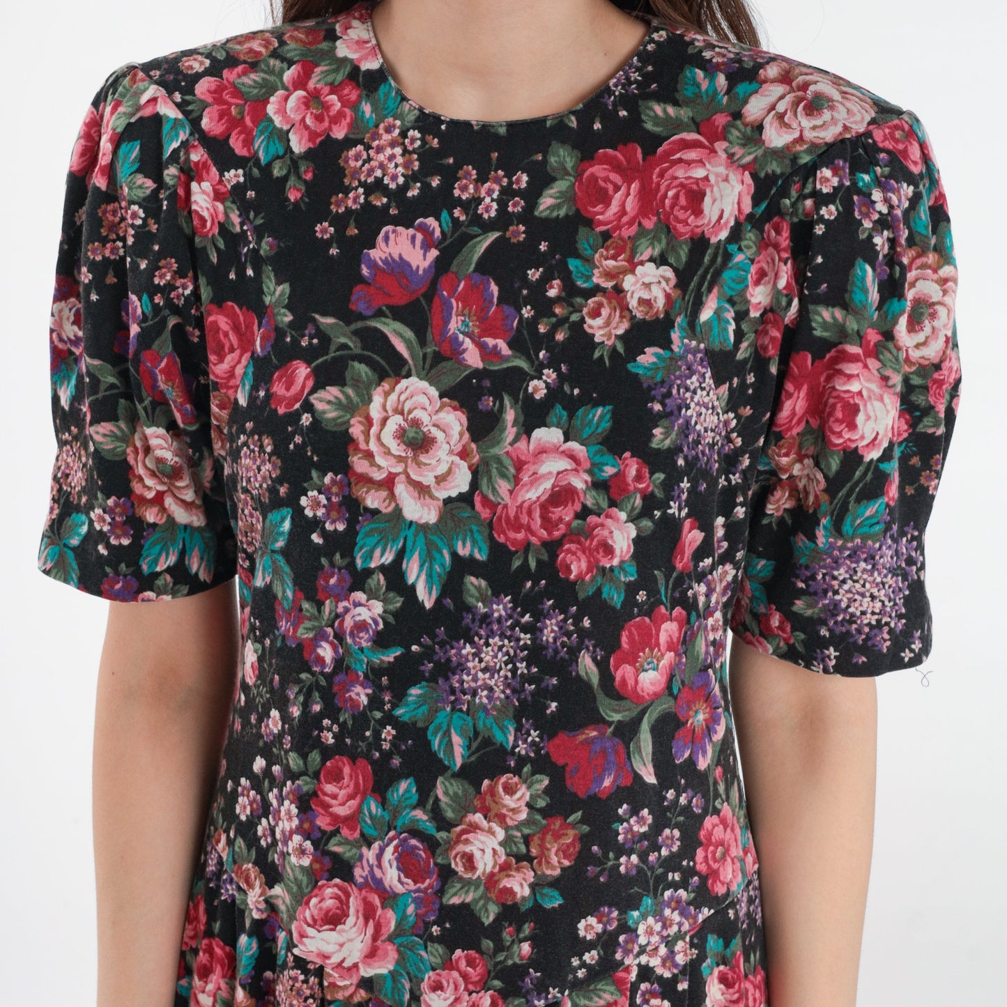 80s Forenza Floral Midi Dress Puff Sleeve Drop Waist Pink Extra Small