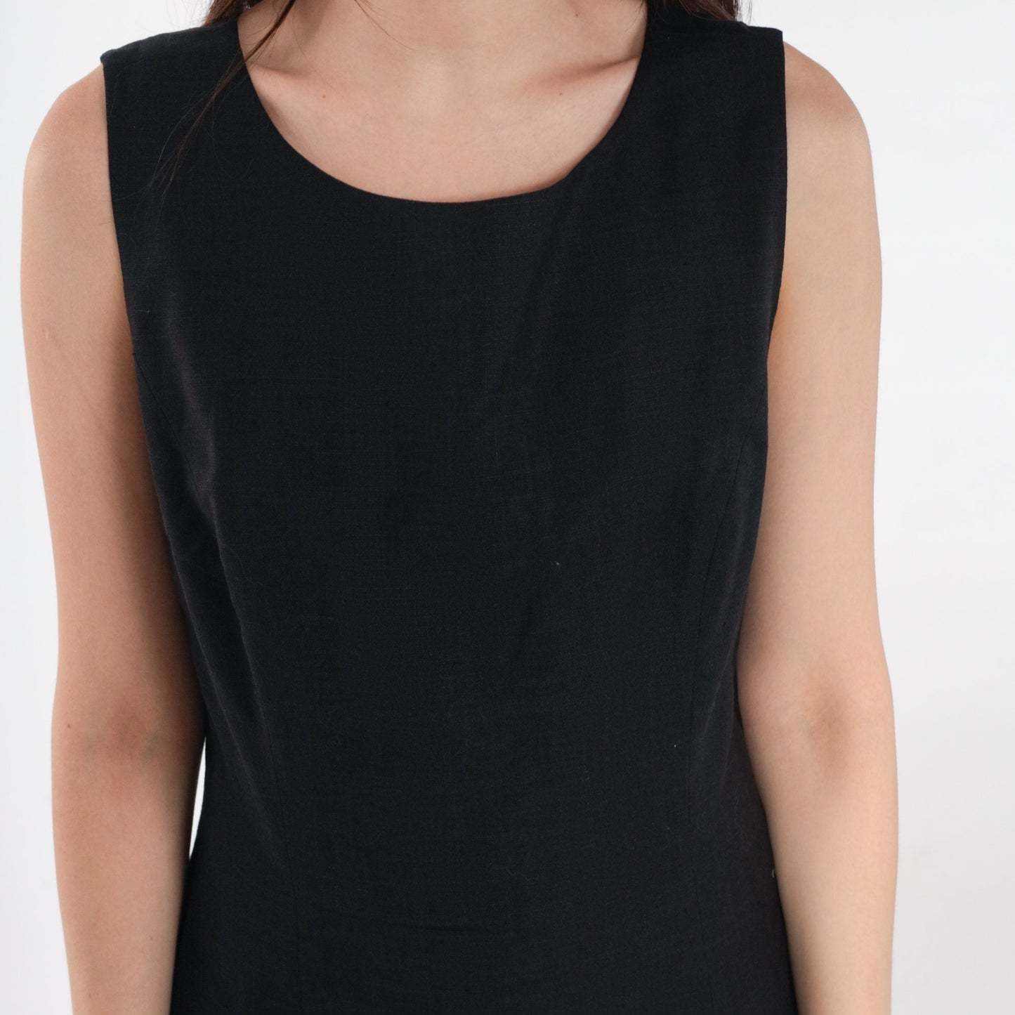 90s Black Mini Sheath Dress Sleeveless Round Neck Linen Rayon Medium M