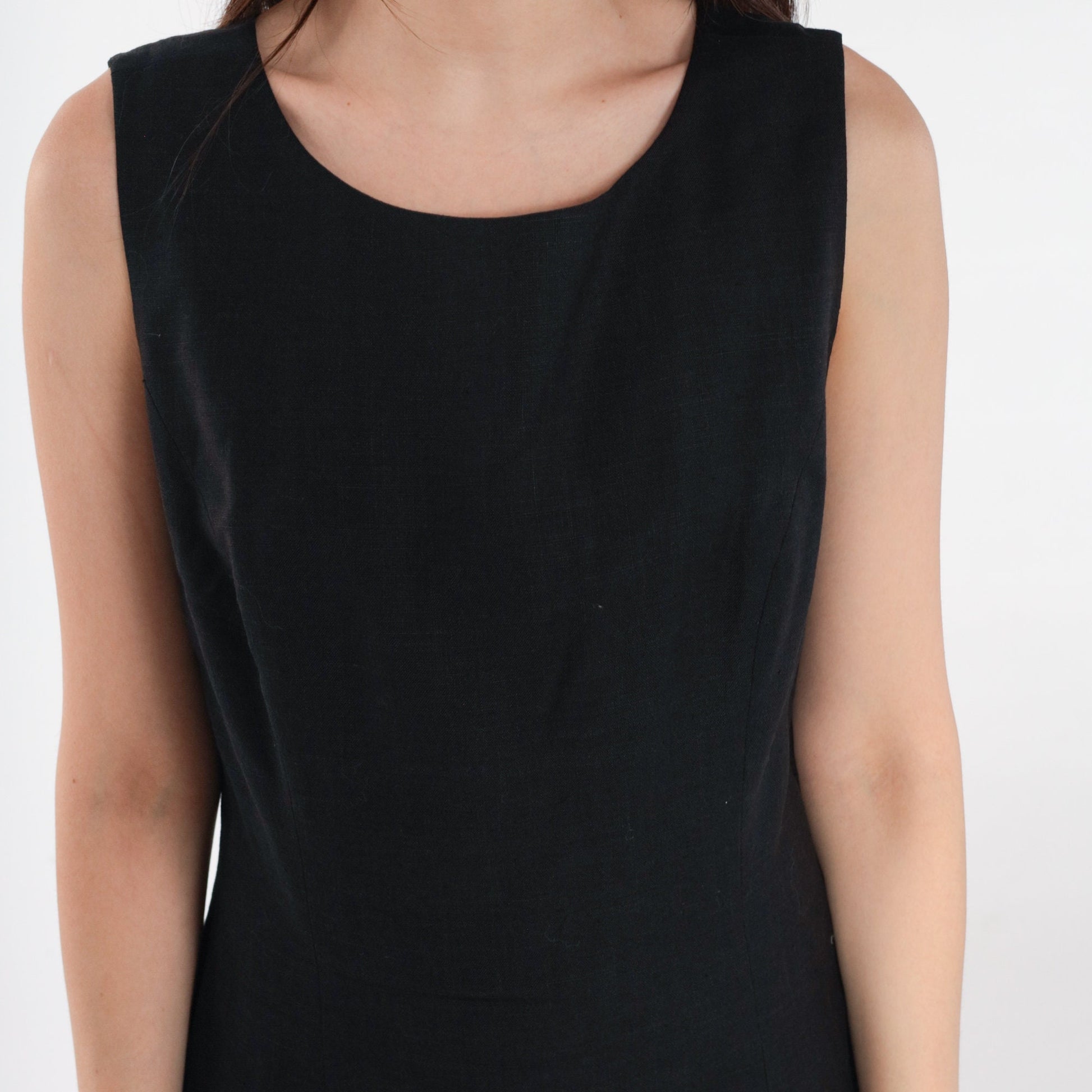 90s Black Mini Sheath Dress Sleeveless Round Neck Linen Rayon Medium M
