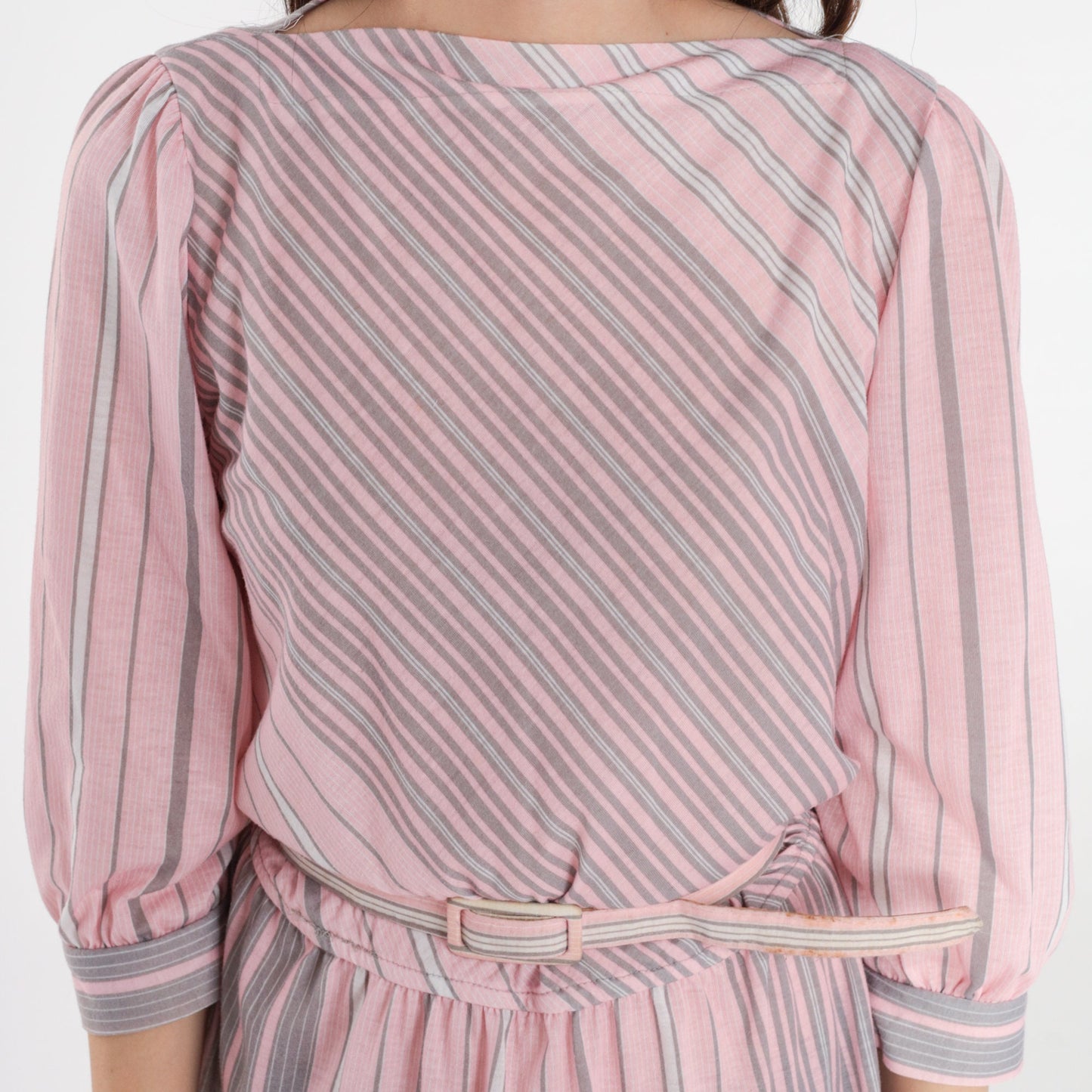 80s Pink Grey Striped Midi Dress Puff Sleeve Boatneck Belted Medium 8