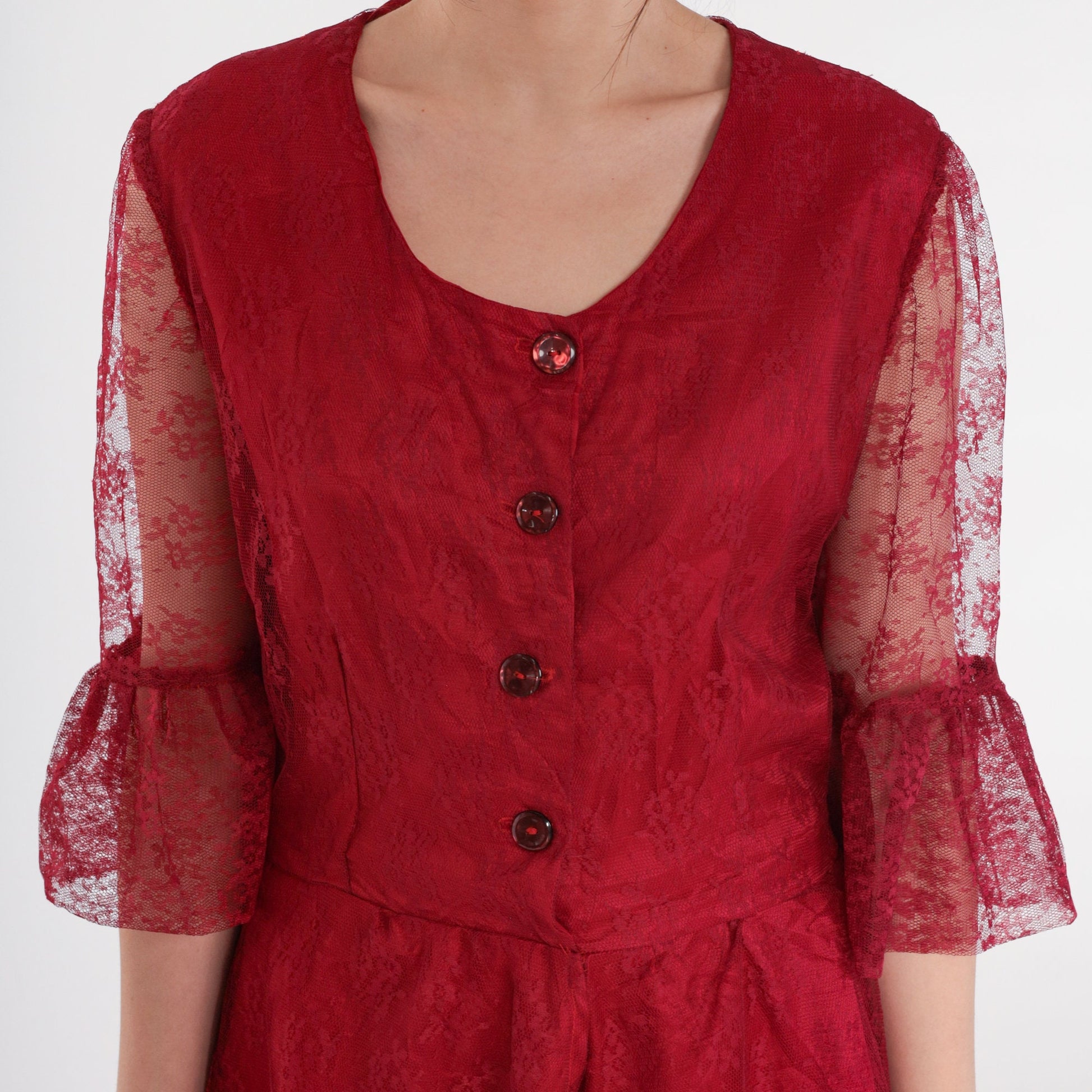 90s Red Lace Dress Button-Up Sheer Ruffle Sleeve Knee-Length Medium M