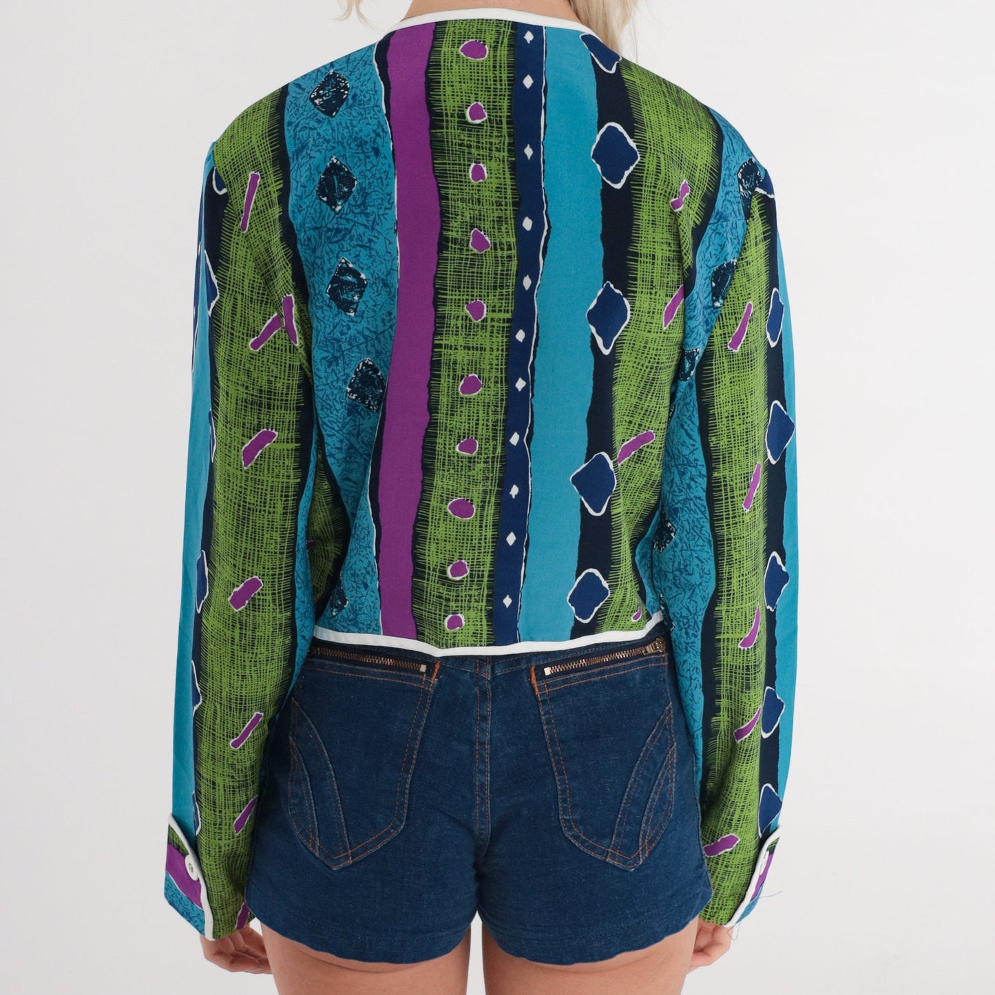90s Geometric Striped Open Front Blazer Cropped Jacket Blue Green Purple Medium