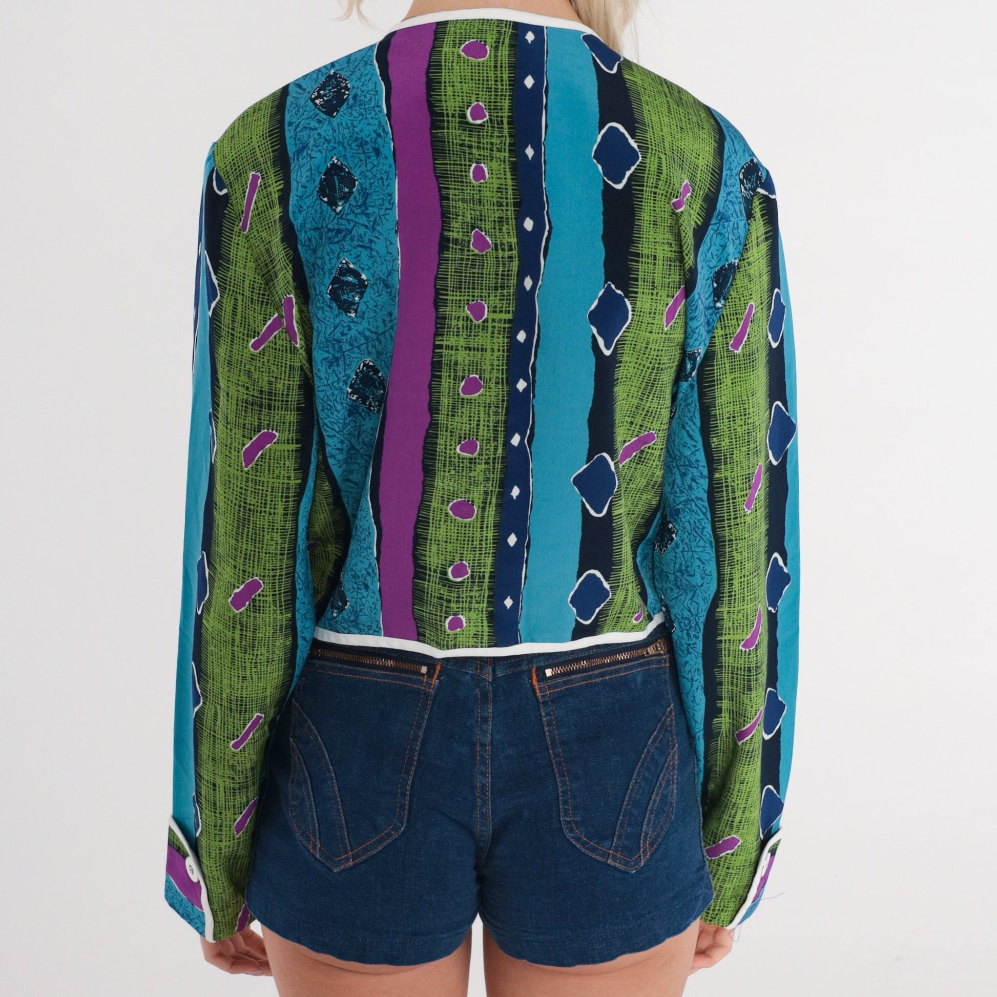 90s Geometric Striped Open Front Blazer Cropped Jacket Blue Green Purple Medium
