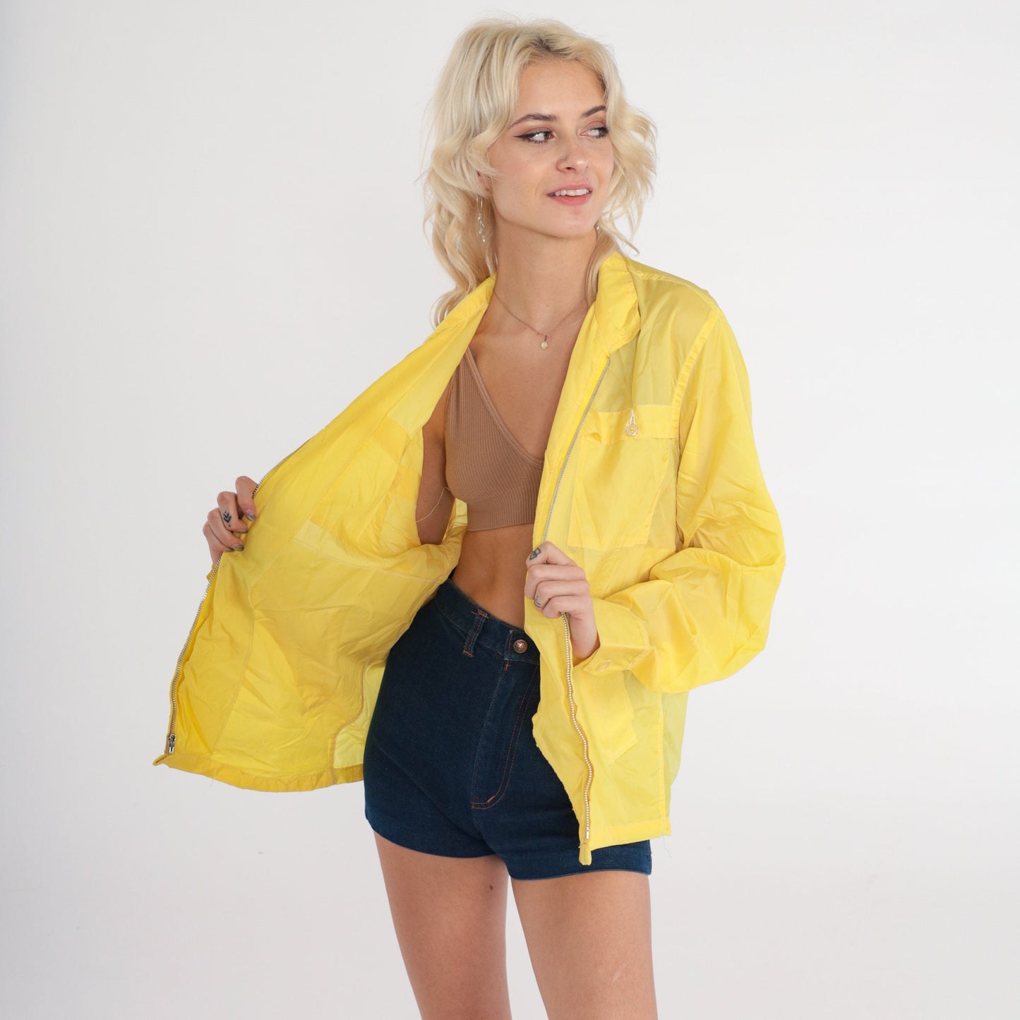 70s Yellow Nylon Windbreaker Jacket Semi-Sheer Shell Zip Front Medium