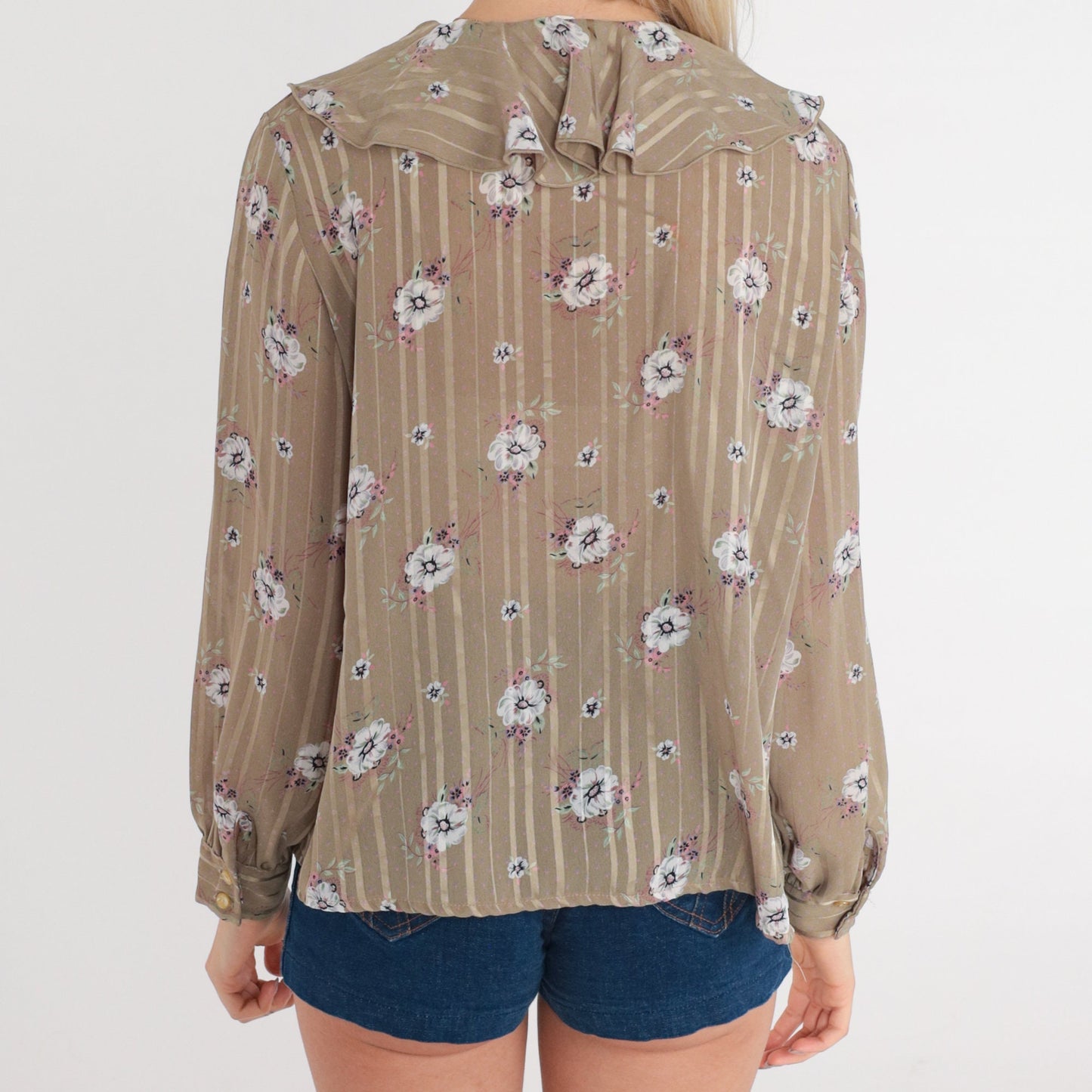80s Anna Krist Floral Striped Blouse Taupe Ruffle Button-Up Medium