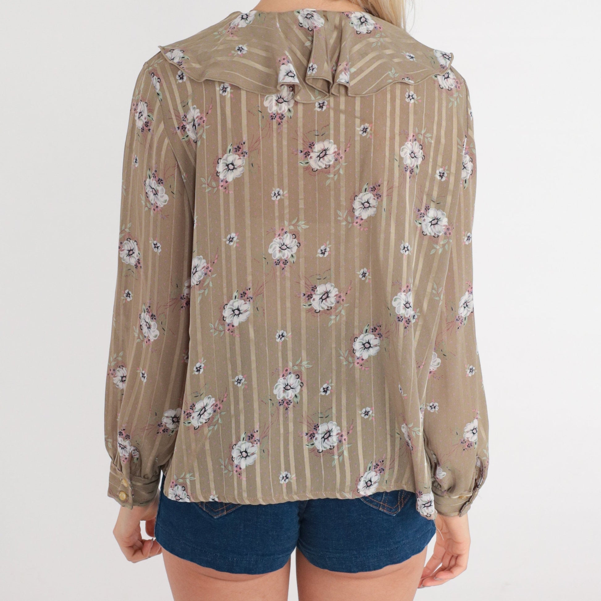 80s Anna Krist Floral Striped Blouse Taupe Ruffle Button-Up Medium