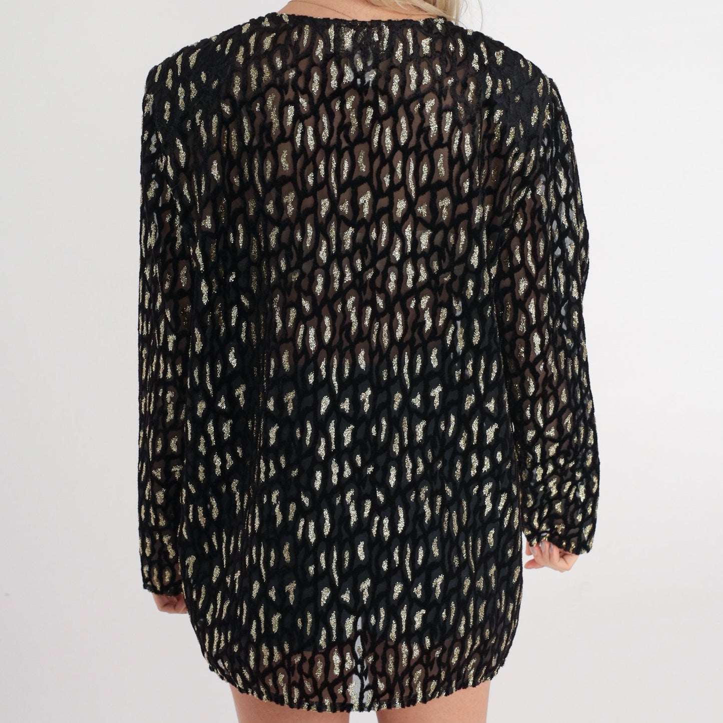 90s R&K Evening Sheer Black Blazer Metallic Animal Print Open Front Large L