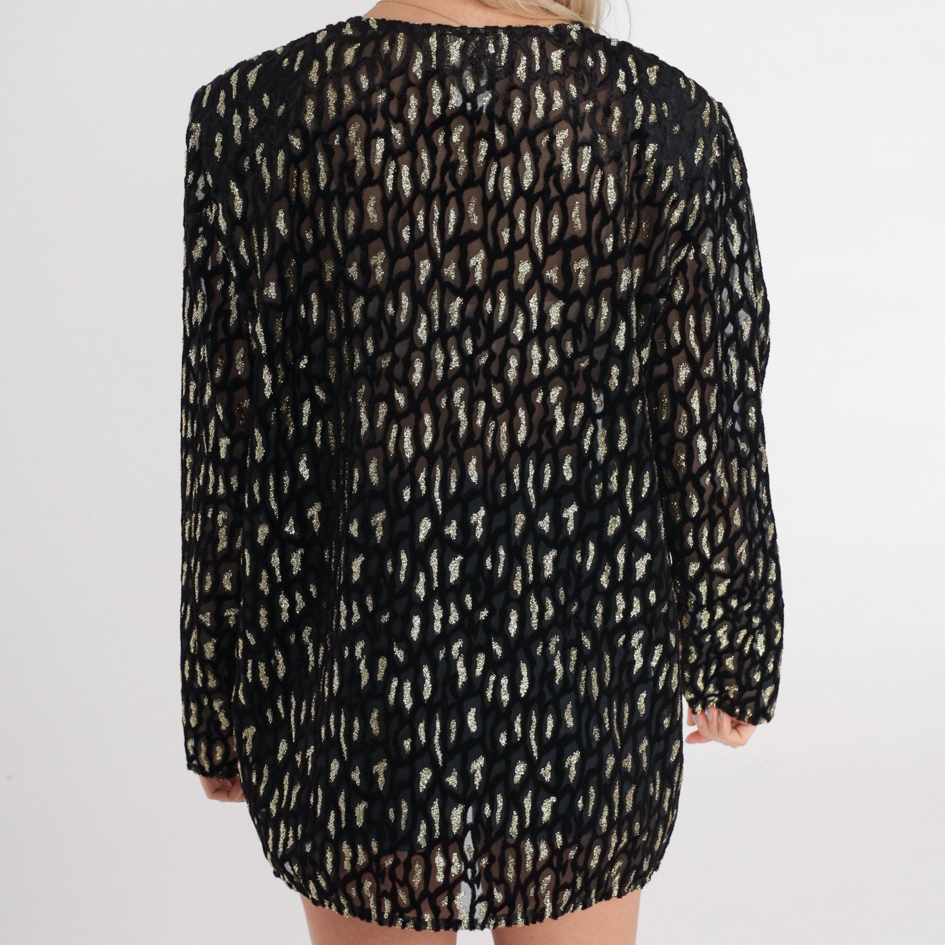 90s R&K Evening Sheer Black Blazer Metallic Animal Print Open Front Large L