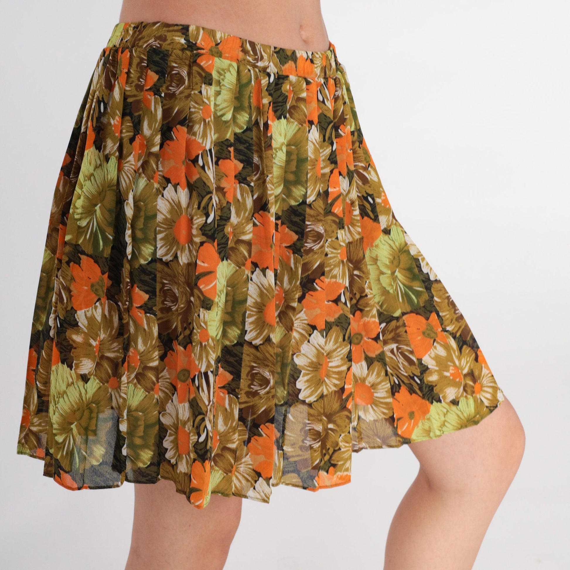 80s Floral Pleated Mini Skirt Olive Green Orange Flower Print Small Medium