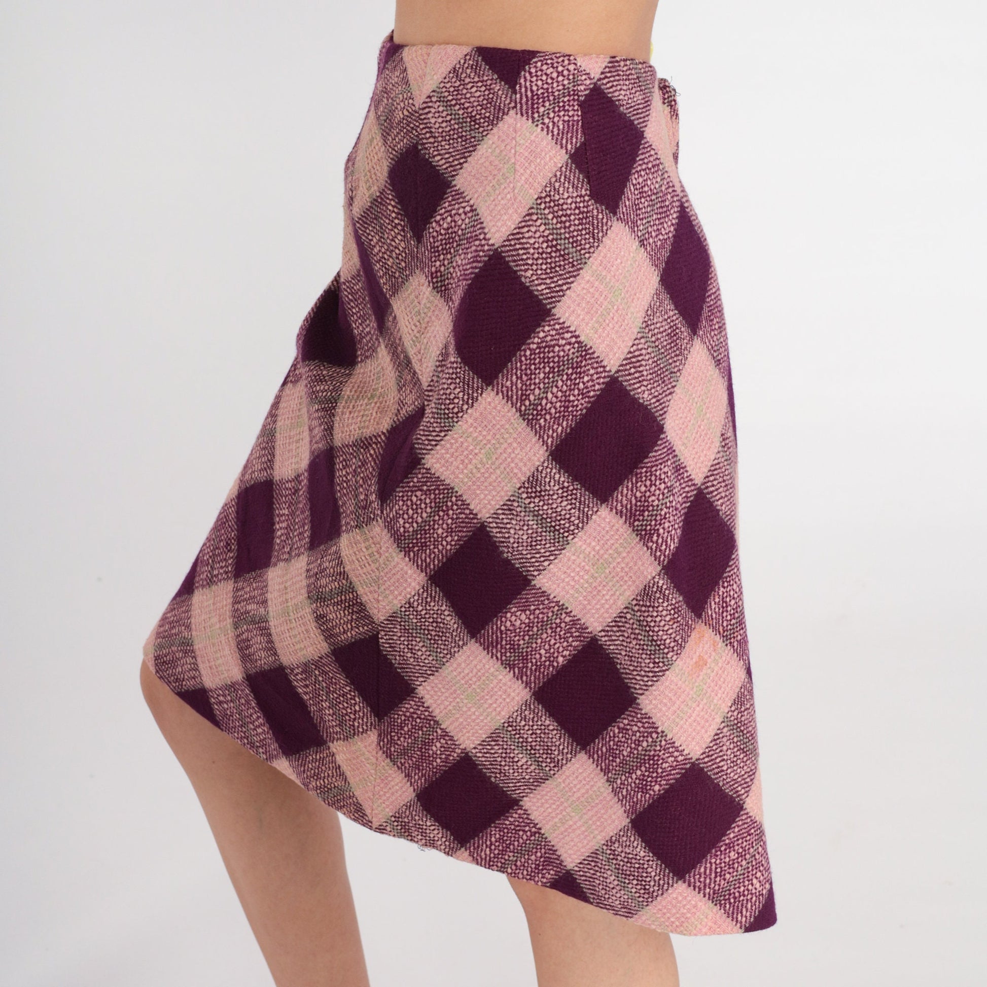 60s Pink Purple Checkered A-Line Skirt High Waist Knee Length Medium M