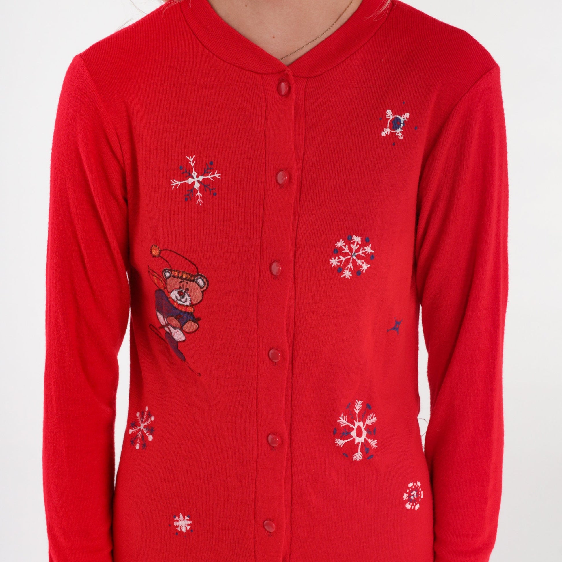 80s Red Pajama Jumpsuit Skiing Bears Snowflake Print Button-Up Extra Small