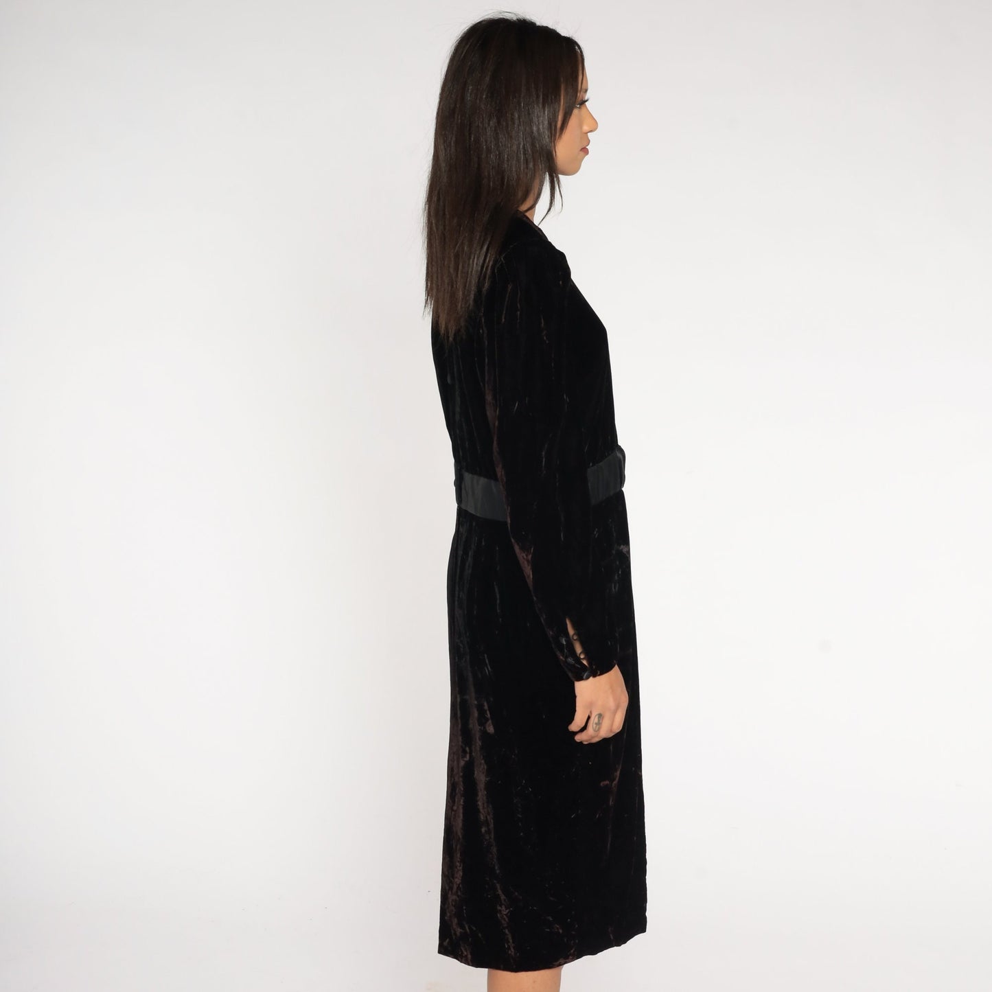90s Black Velvet Midi Dress Long Sleeve High Waist Pencil Sheath Medium