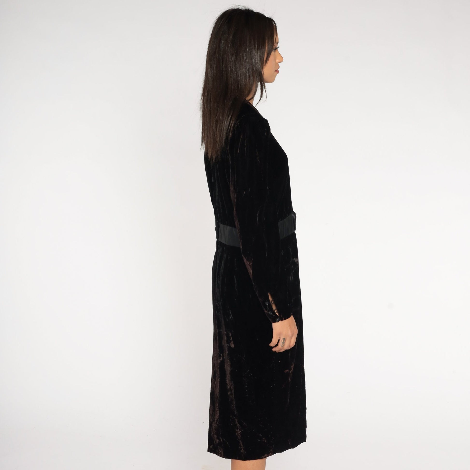 90s Black Velvet Midi Dress Long Sleeve High Waist Pencil Sheath Medium