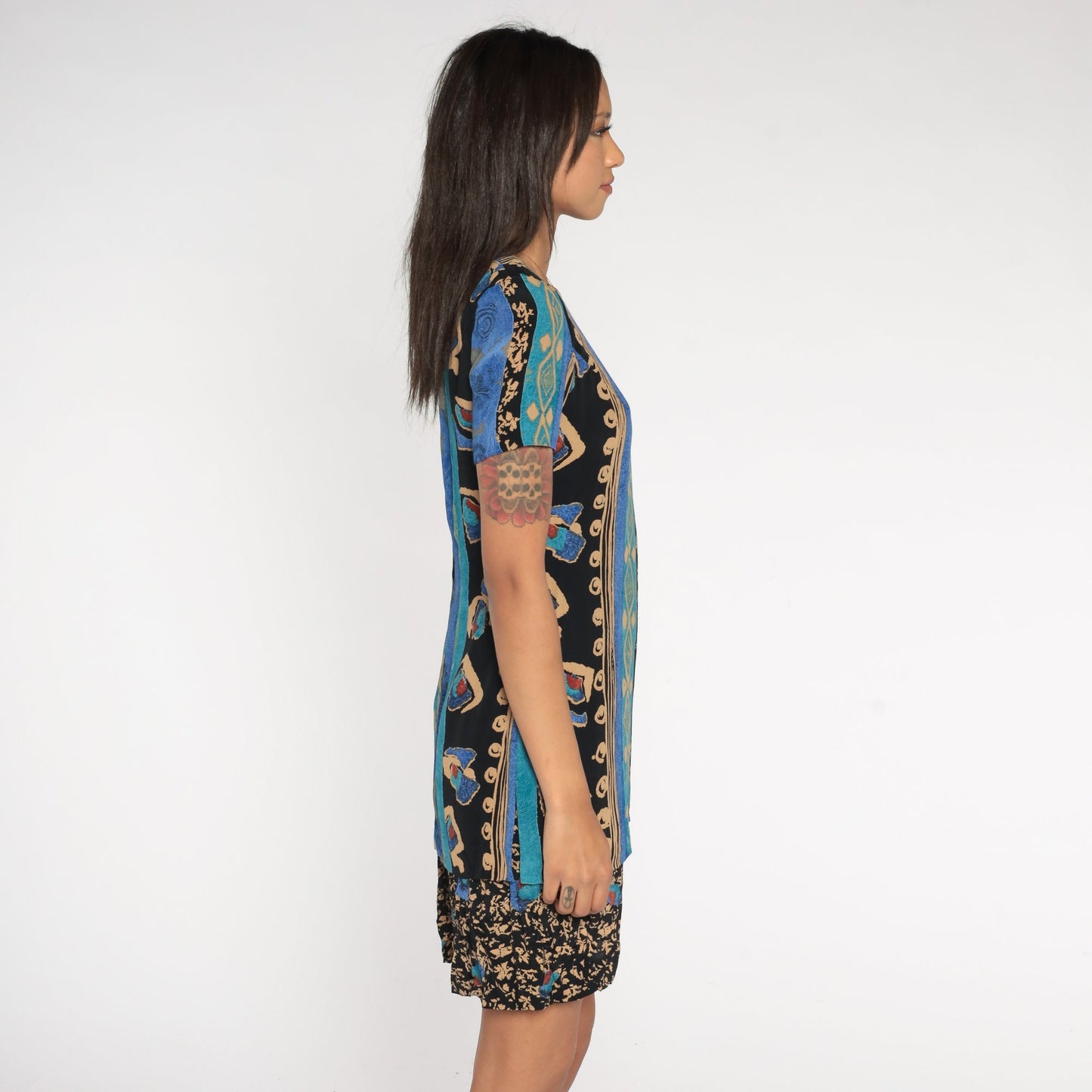 90s Geometric Striped Mini Dress Blue Black Shift Short Sleeve Extra Small