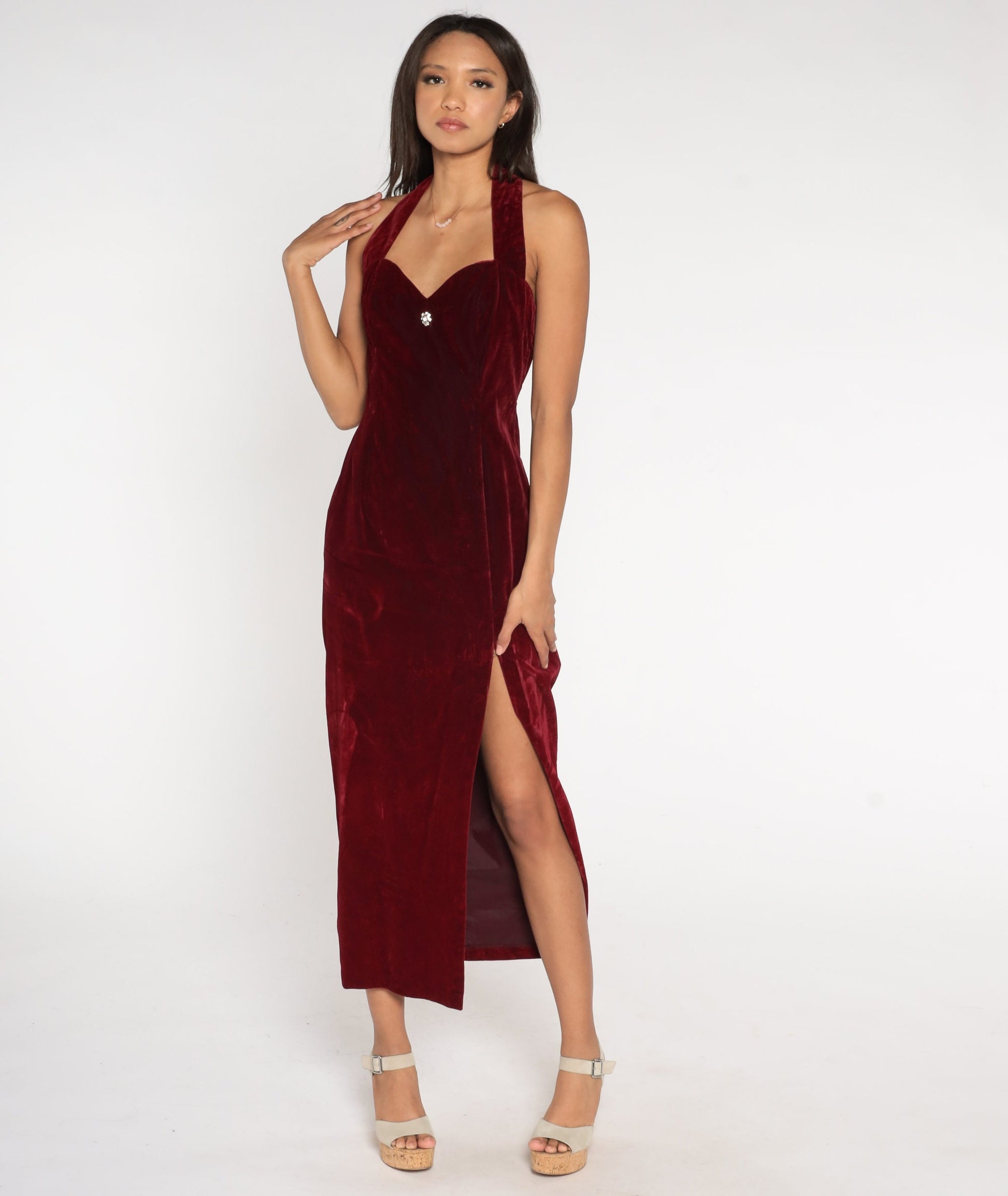 80s Gunne Sax Red Velvet Maxi Dress Halter Keyhole Back Small