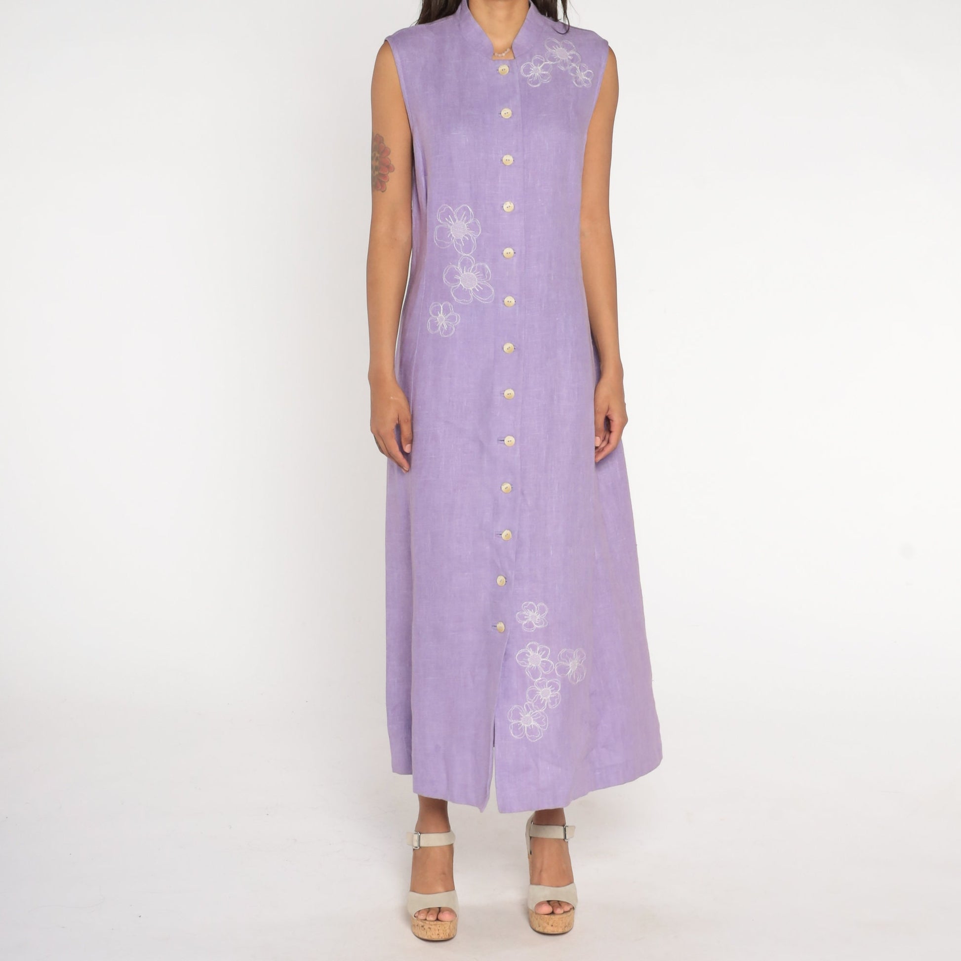 90s Harvey Benard Lavender Linen Maxi Dress Floral Embroidery Mandarin Collar Large
