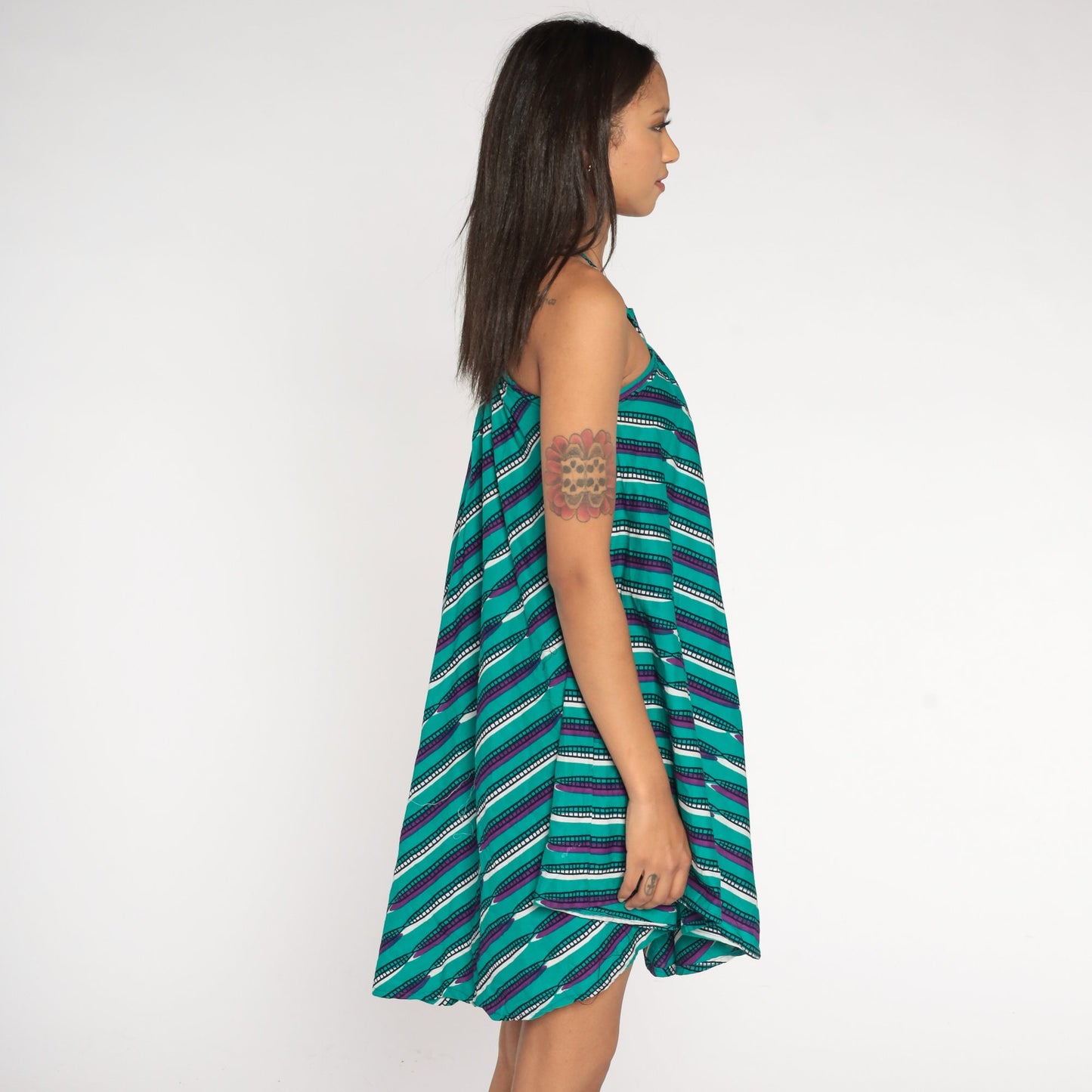 90s Turquoise Purple Striped Cotton Mini Sundress Tank Hanky Hem XXS
