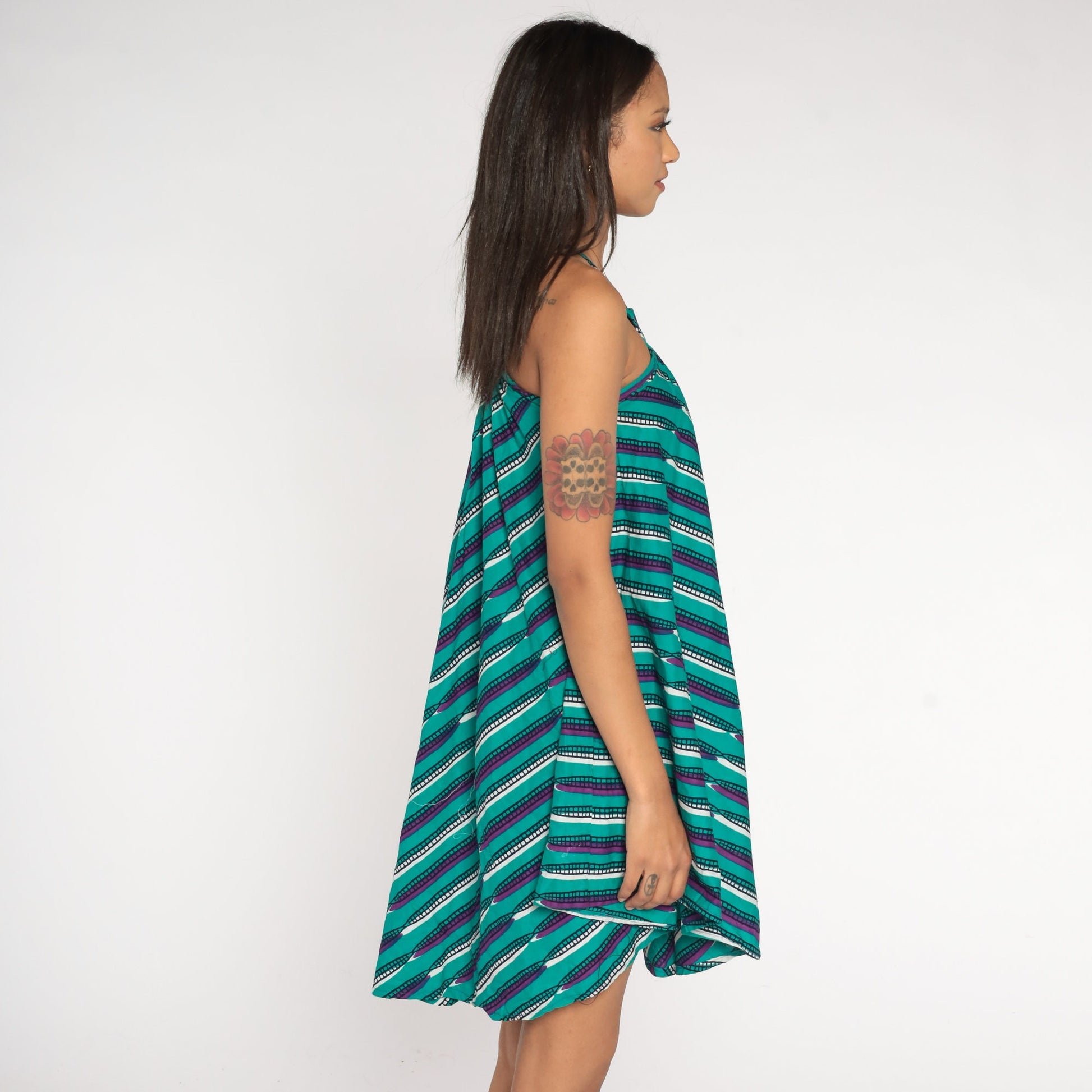 90s Turquoise Purple Striped Cotton Mini Sundress Tank Hanky Hem XXS