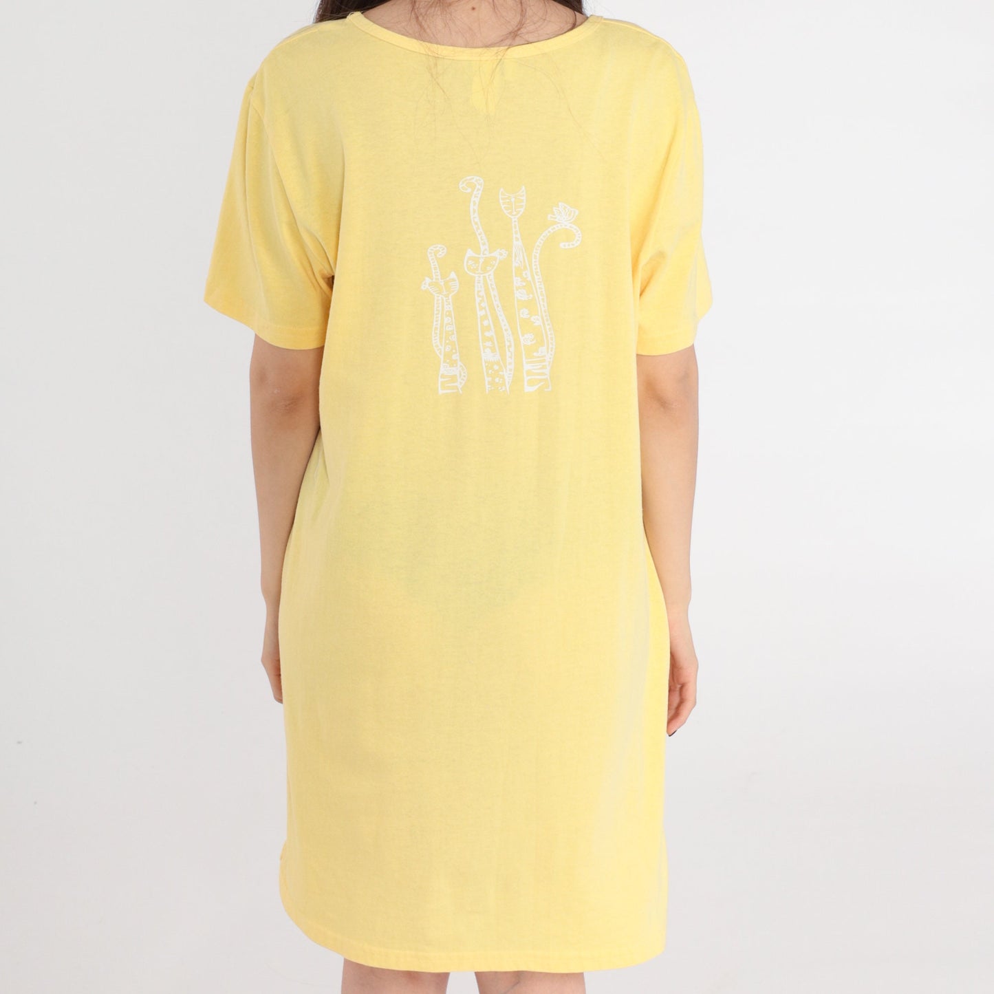 90s Yellow Cat Print T-Shirt Dress Shift Scoop Neck Mini Medium