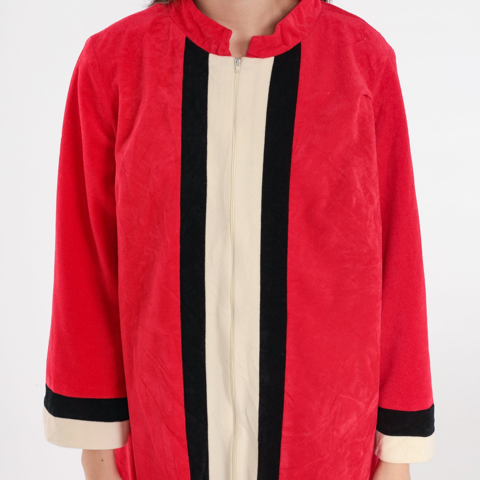 70s Red Striped Velour Robe Dress Mini Shift Front Zip Lounge Medium Large