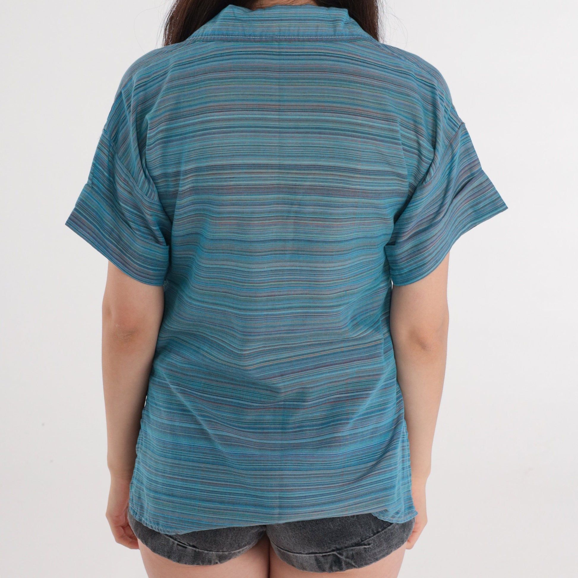90s Blue Striped Polo Shirt Chest Pocket Collared Short Sleeve Extra Small