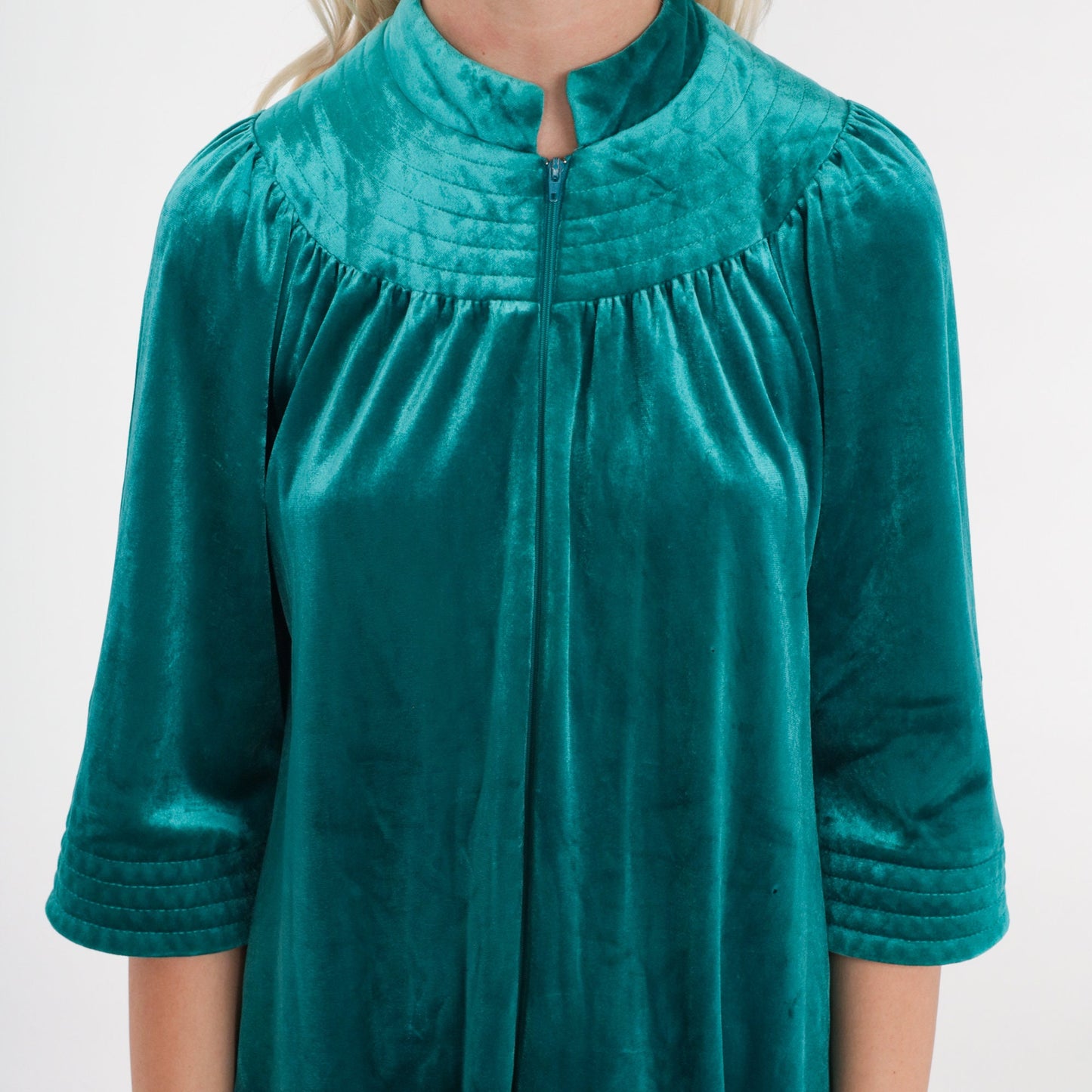 70s Green Velour Mini Lounge Dress Zip Front Tent Cut Medium M