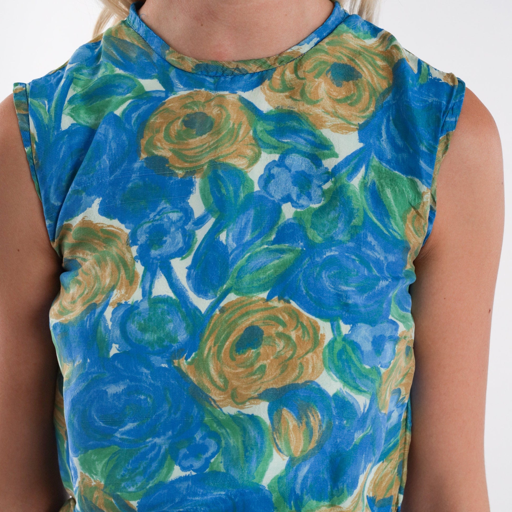 1970s Silk Floral Mini Dress Sleeveless Shift Belted Blue Green White XXS