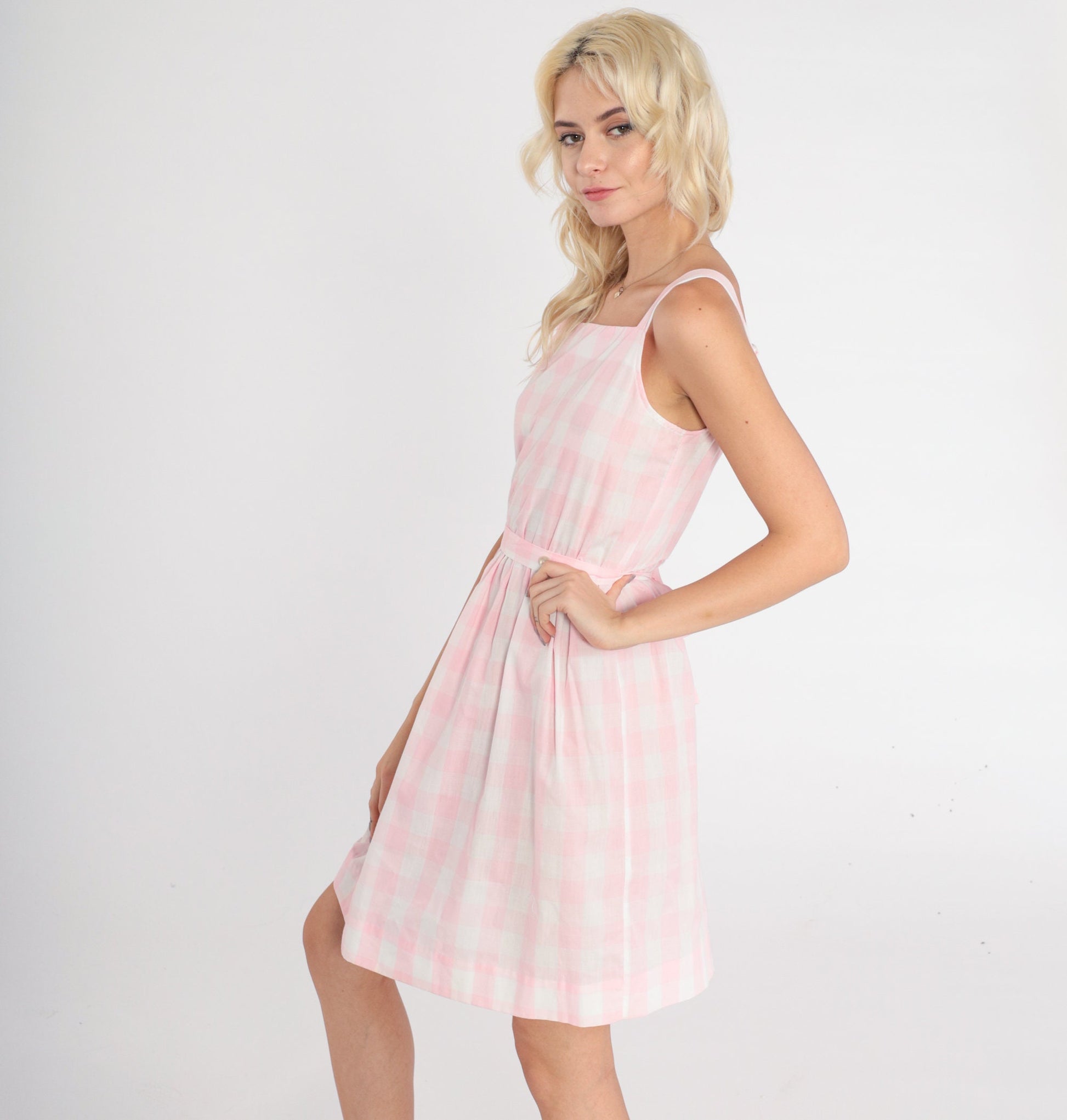 80s Pink Gingham Mini Sundress Sleeveless High Waist Pinafore Extra Small