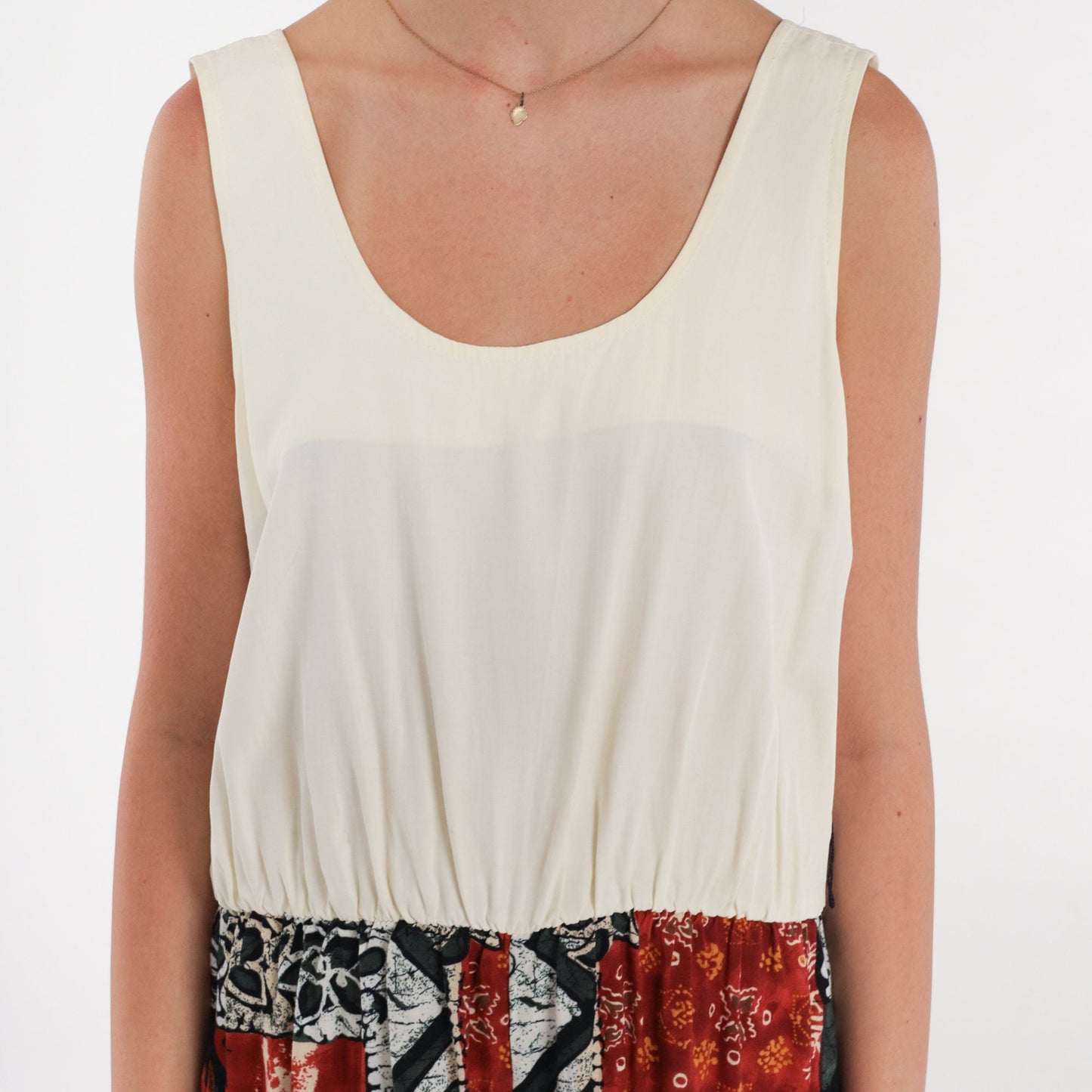 80s Sleeveless Romper Cream Abstract Print Scoop Neck Playsuit Medium M