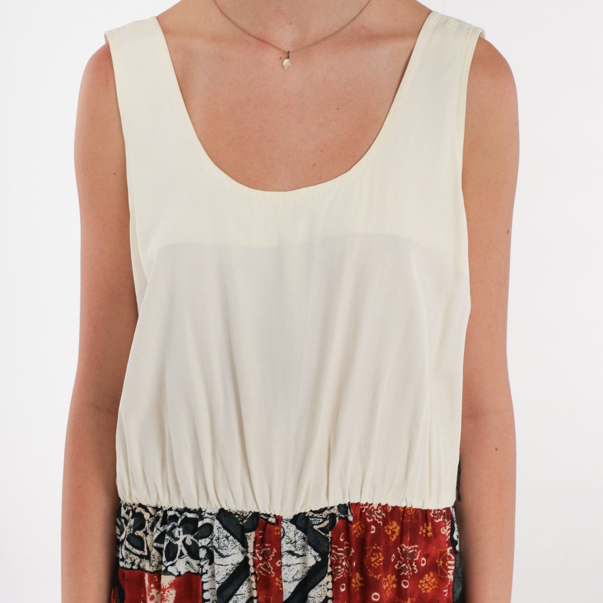 80s Sleeveless Romper Cream Abstract Print Scoop Neck Playsuit Medium M